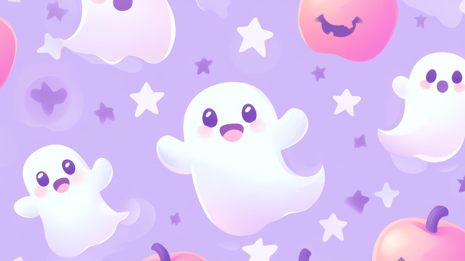 Whimsical ghosts, candy apples, stars on lilac background