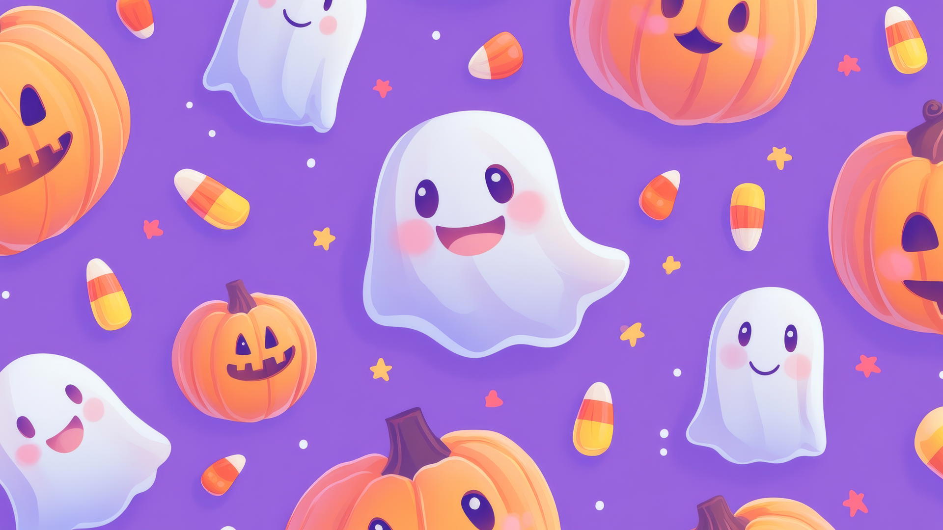 Cartoon pumpkins, ghosts, candy corn on pastel purple