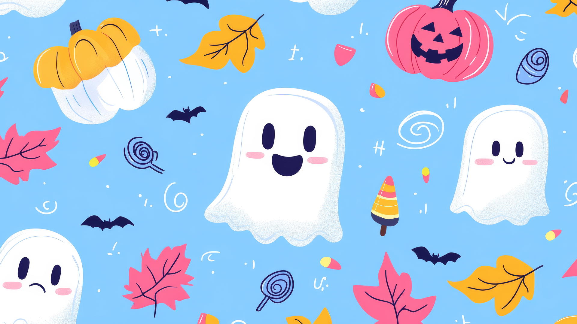 Cute ghosts, candy, and autumn leaves on pastel blue