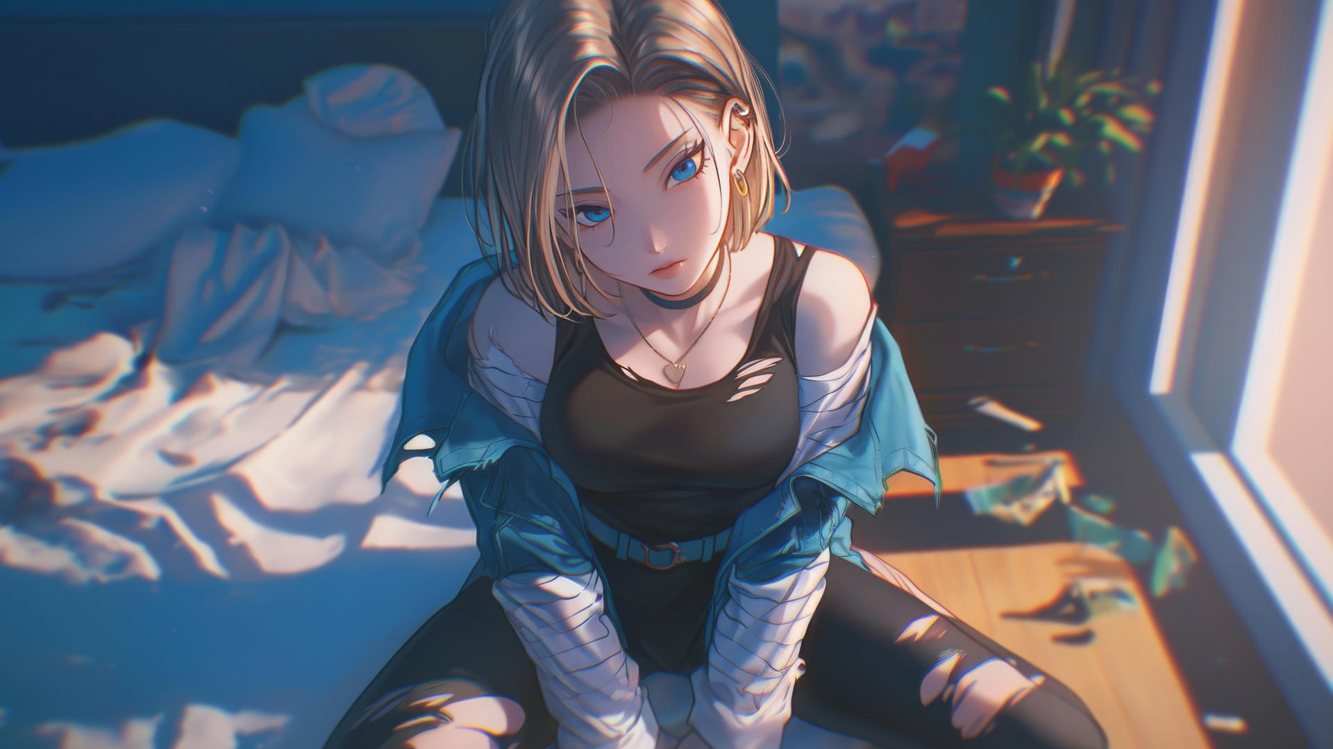 Android 18 in a modern hotel kneeling with a broken shirt