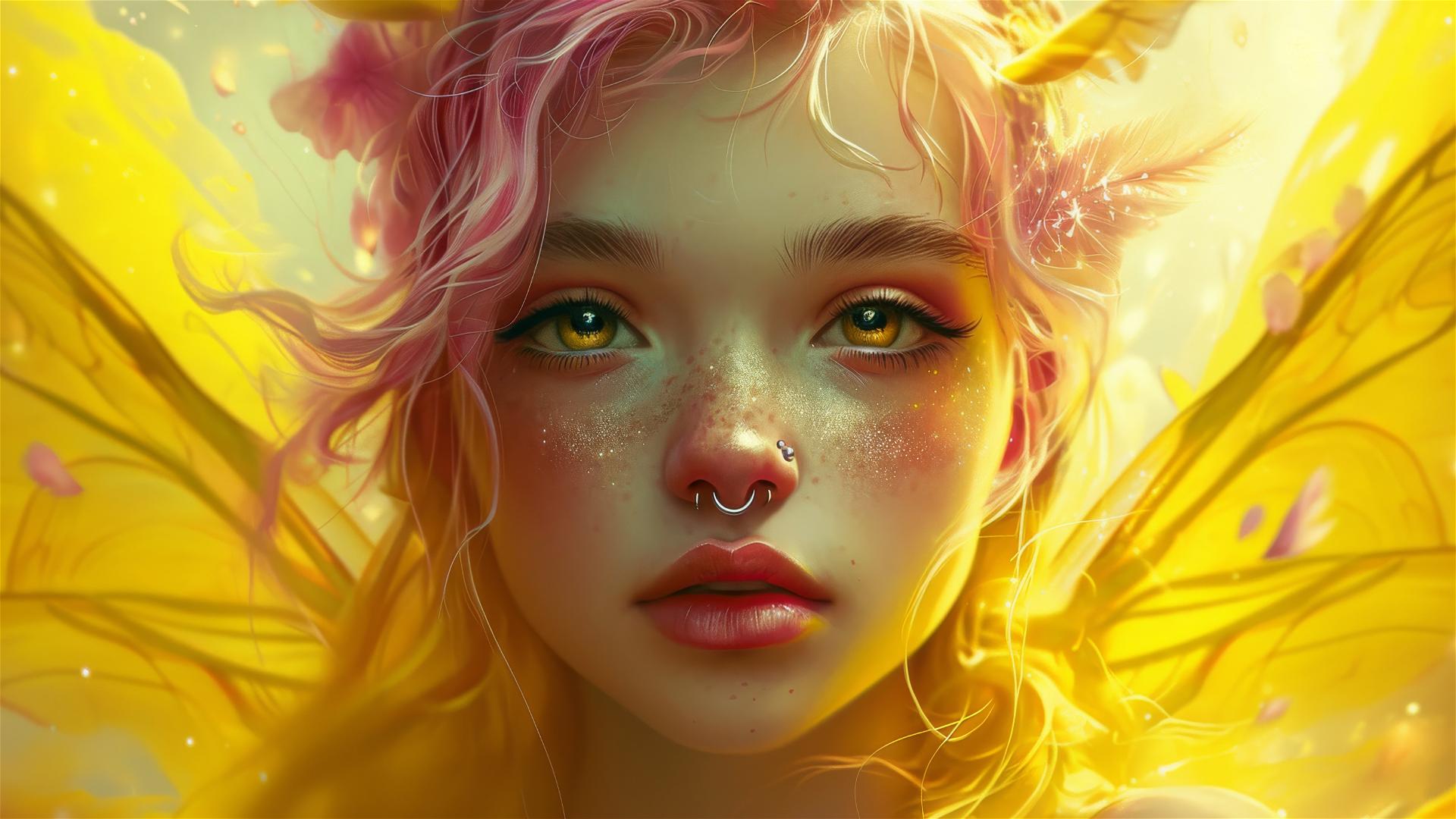 Kawaii fairy in yellow and white, tattoo style, with pink and amber hues.