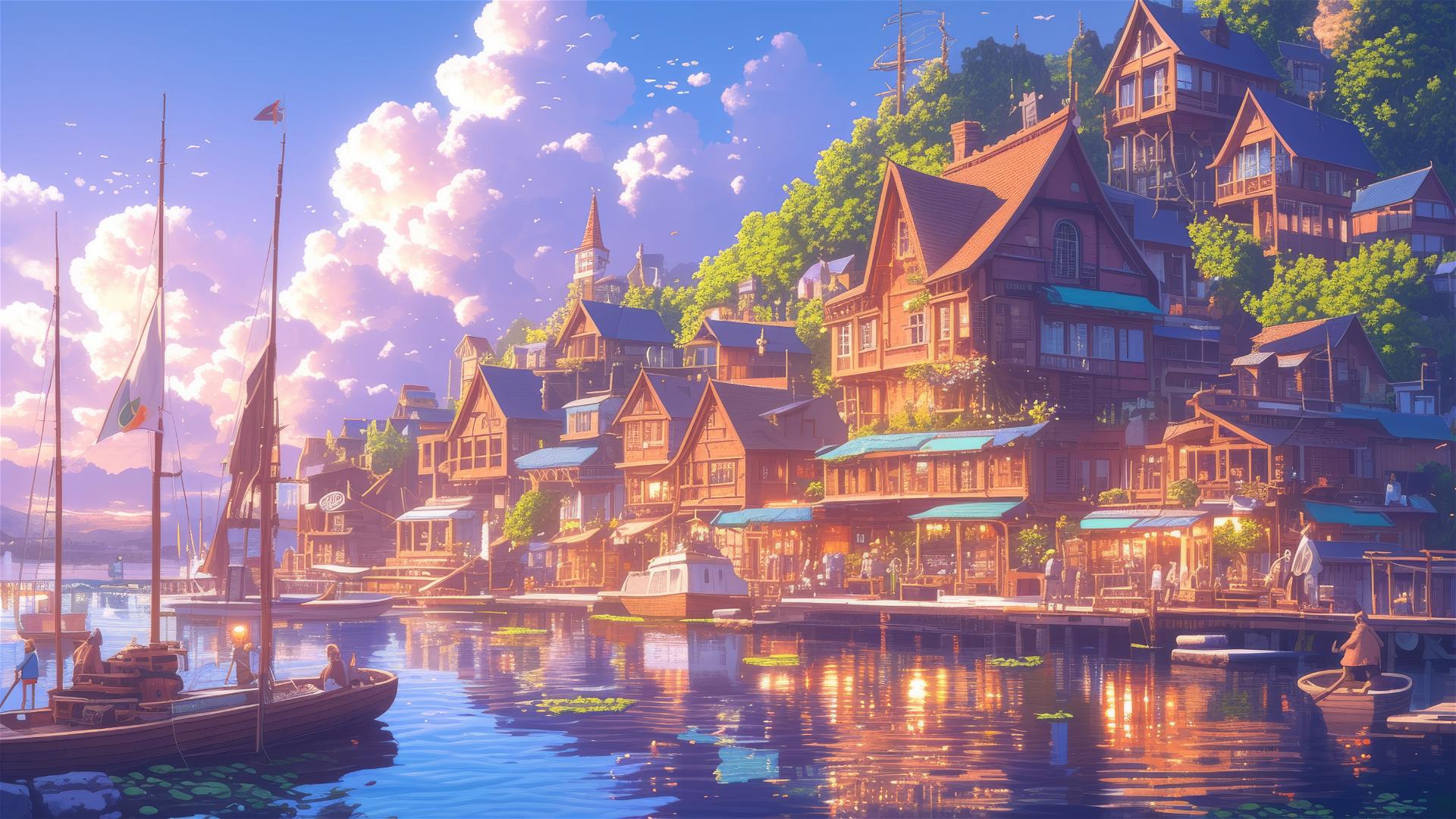 Ghibli-style anime seaside village at dawn with mystical sea