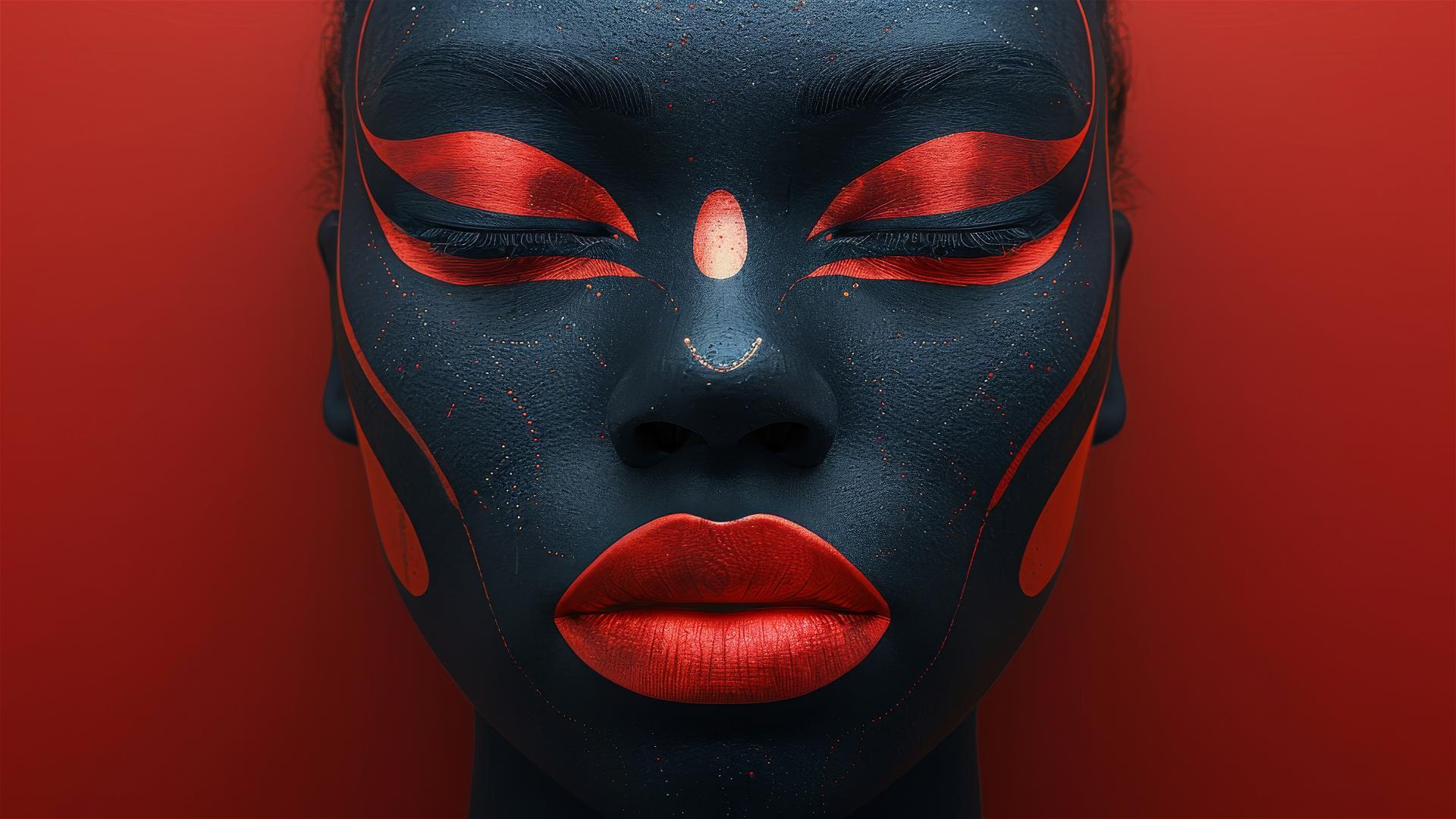 Cartoon mask with colorful eyes, red lip, minimalist black and red background.