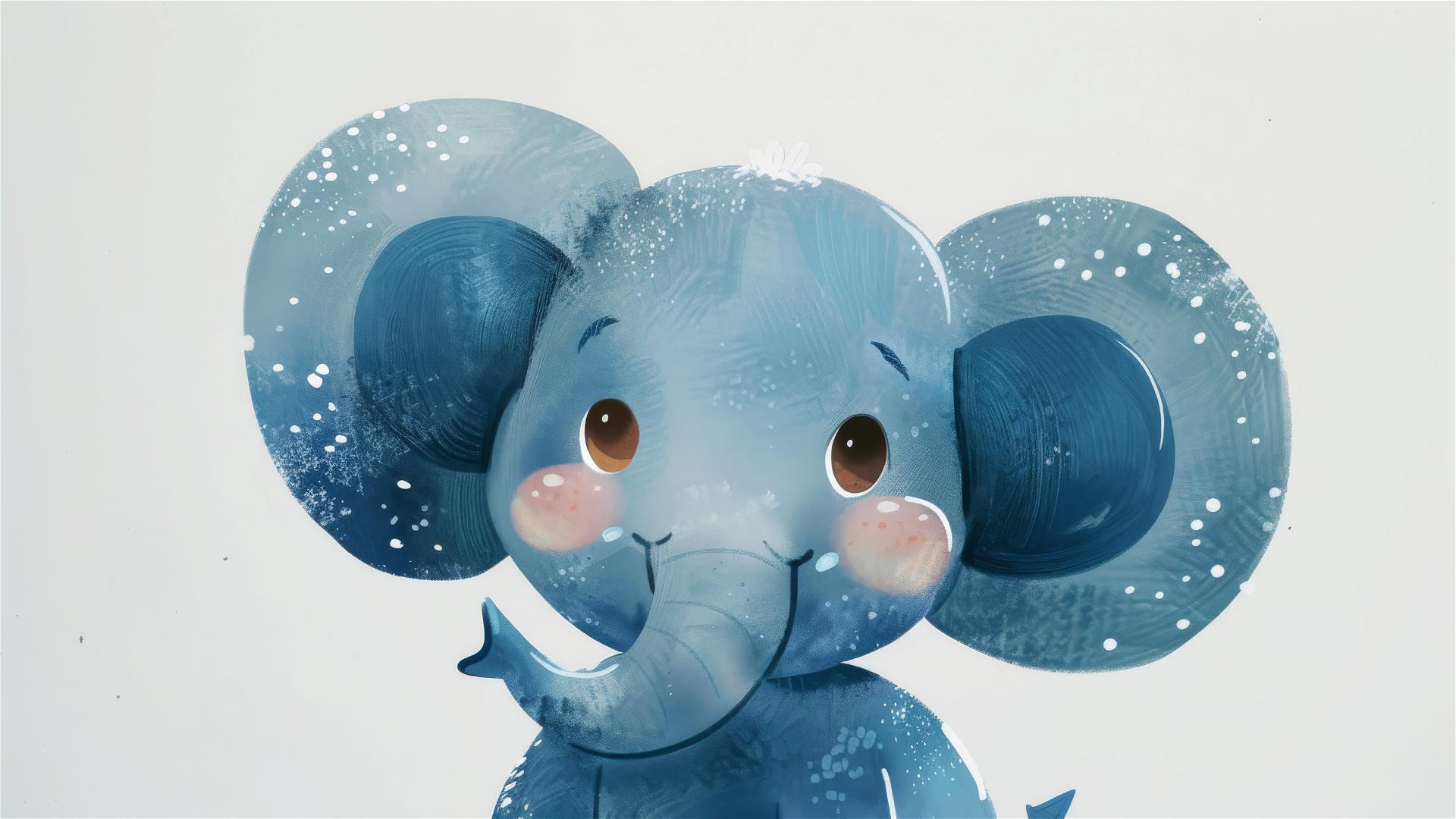 Pixar-style blue elephant with dark blue ears and brown eyes on white background
