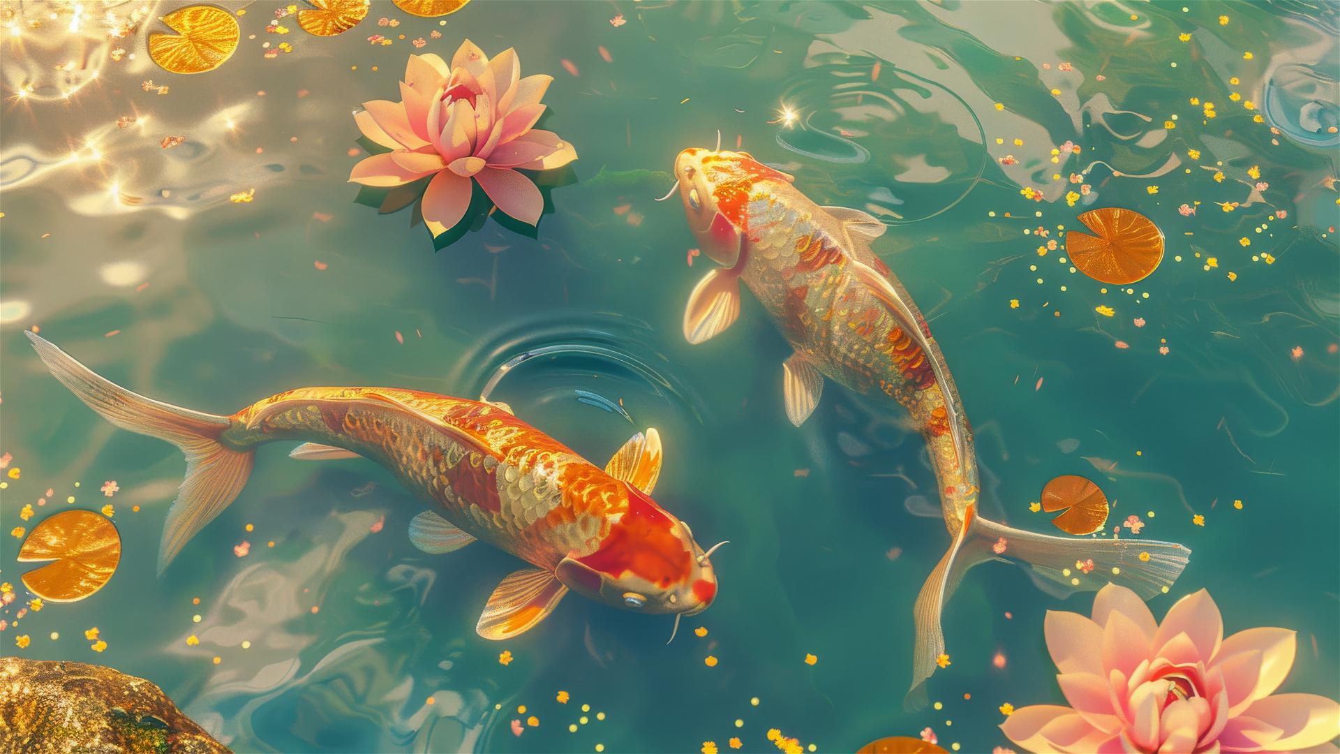 Golden koi fish and lotus flowers in a sunlit lake with gold dust sky.