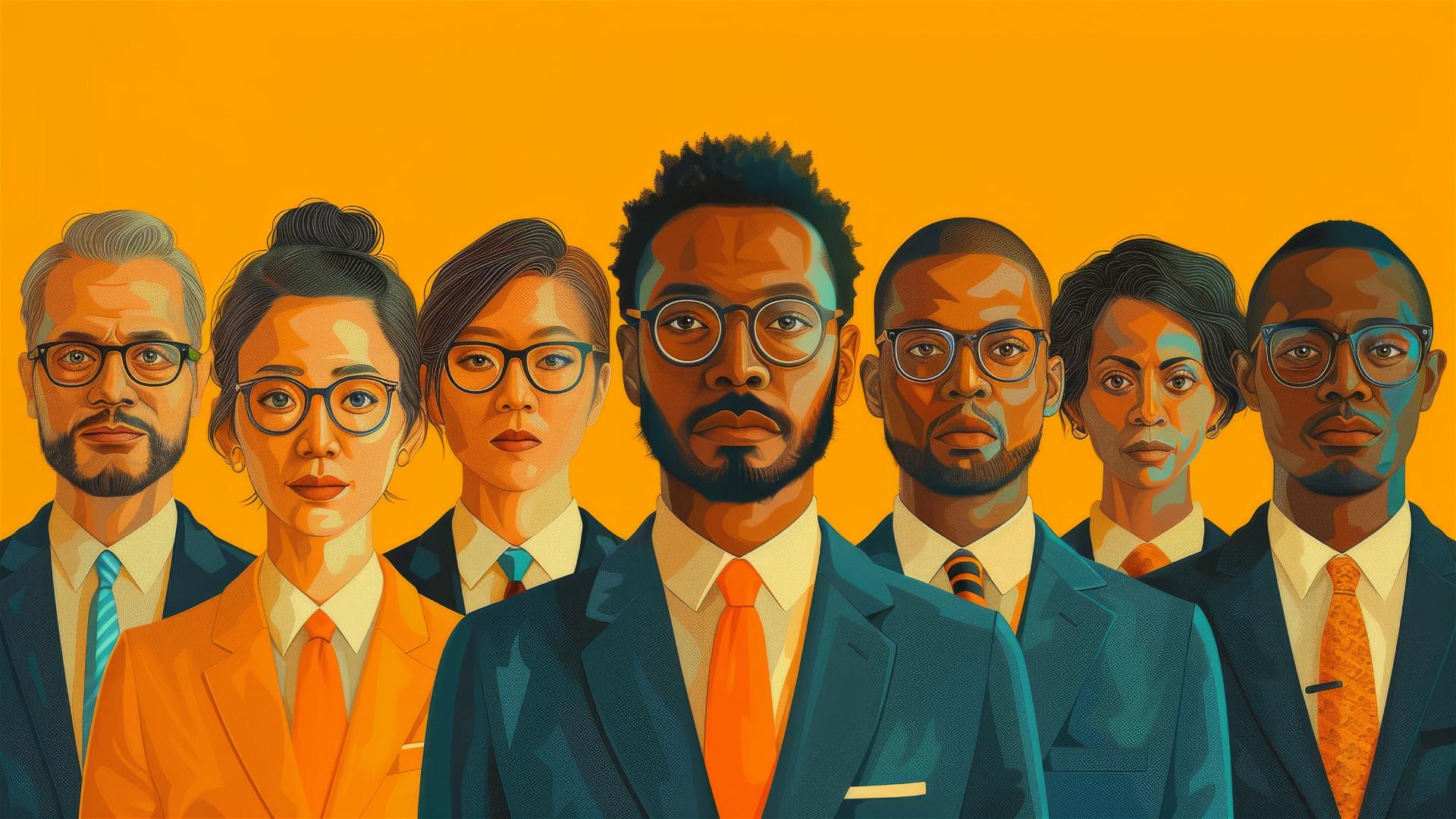 Diverse business group in 1950s travel poster style illustration
