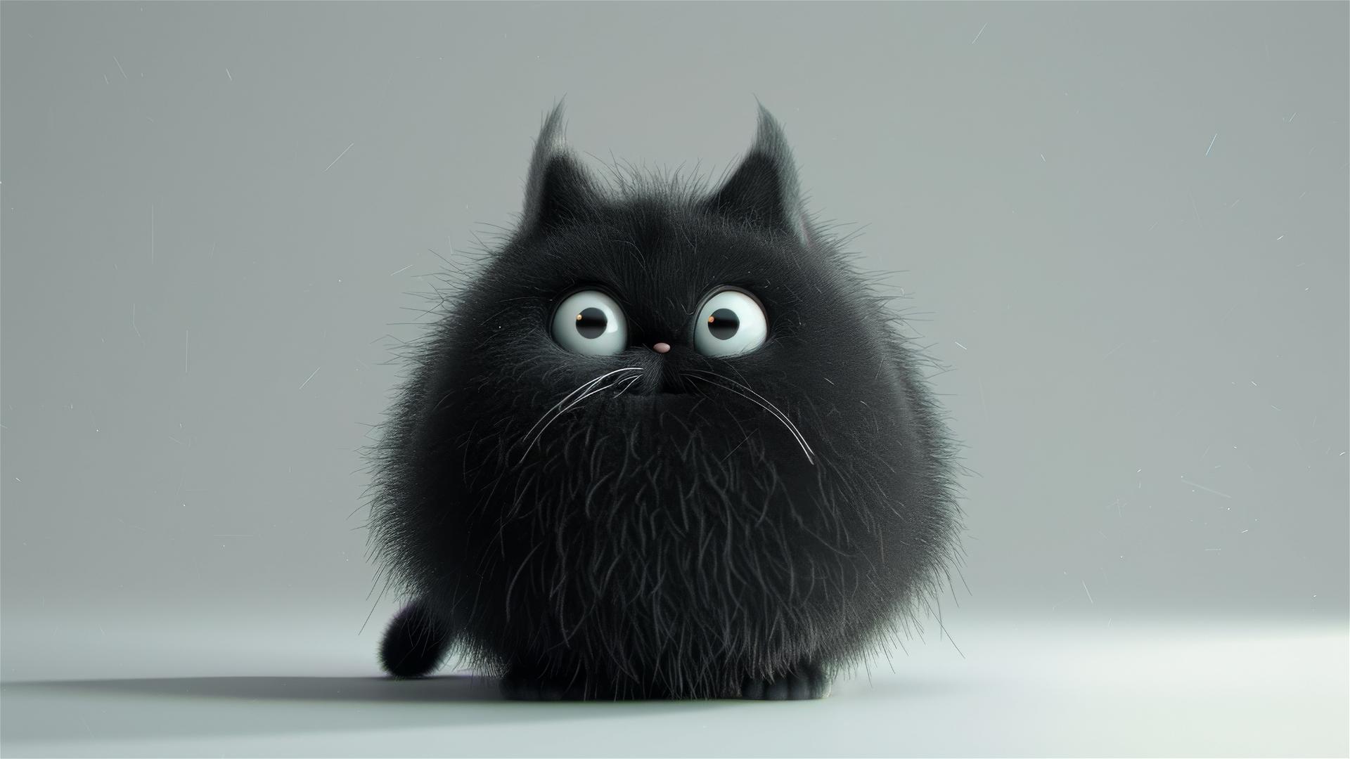 Cartoonish chubby black kitten with funny expressions on white