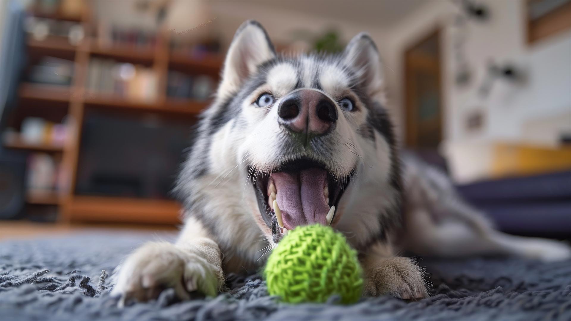 Happy husky playing with a green ball in natural light