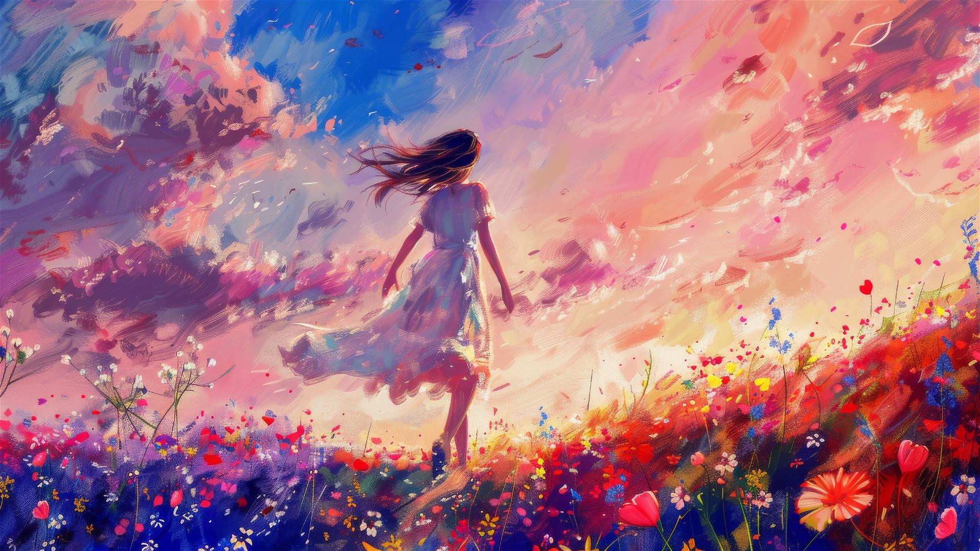 Girl walking among flowers under a pink-blue sky, Van Gogh style