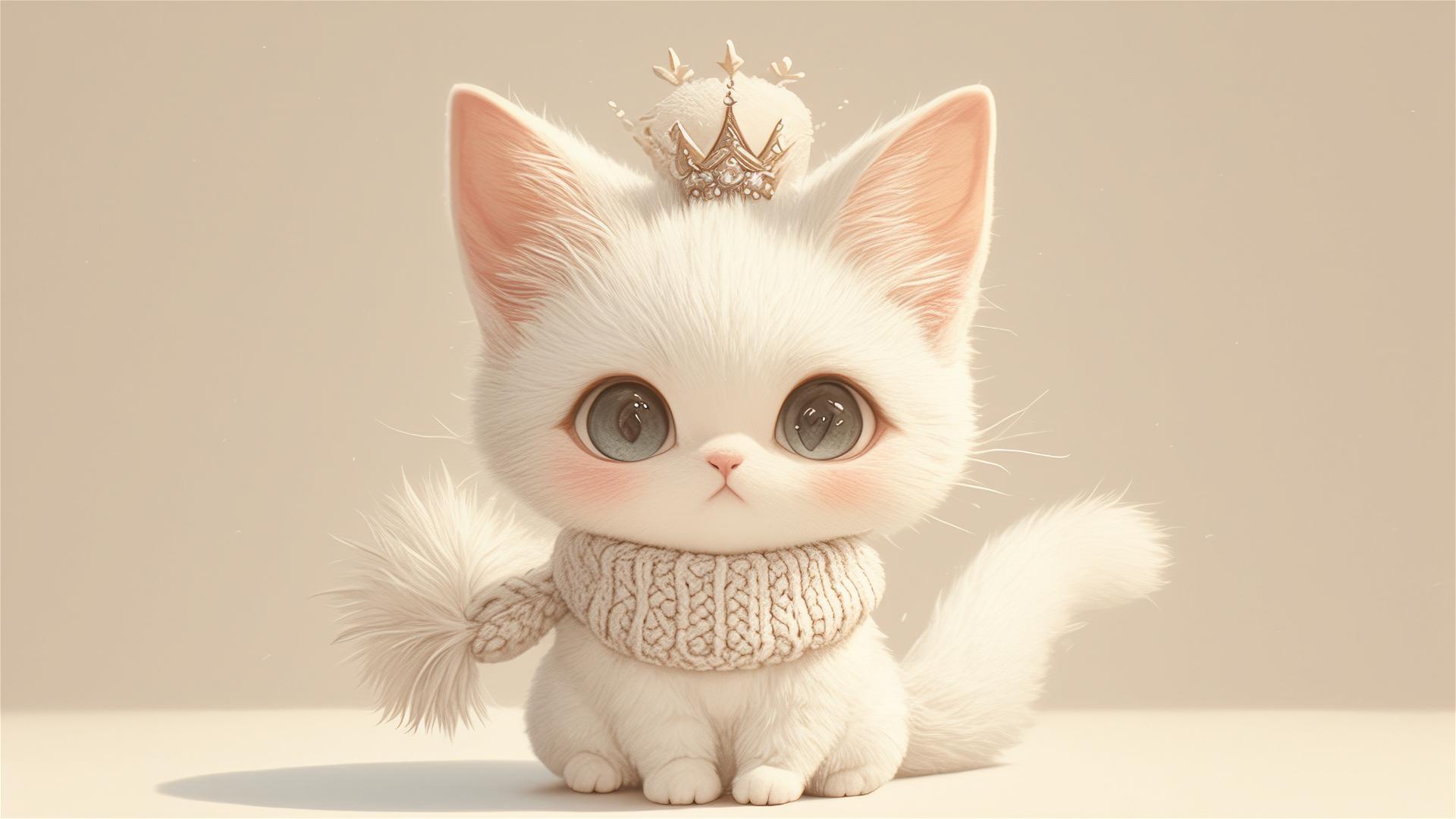 White knitted cat with crown on white background
