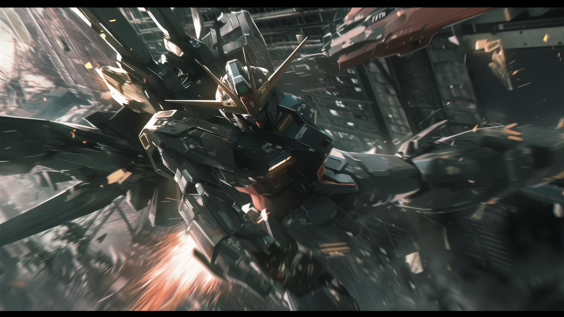 Cinematic Gundam flying in Roger Deakins style