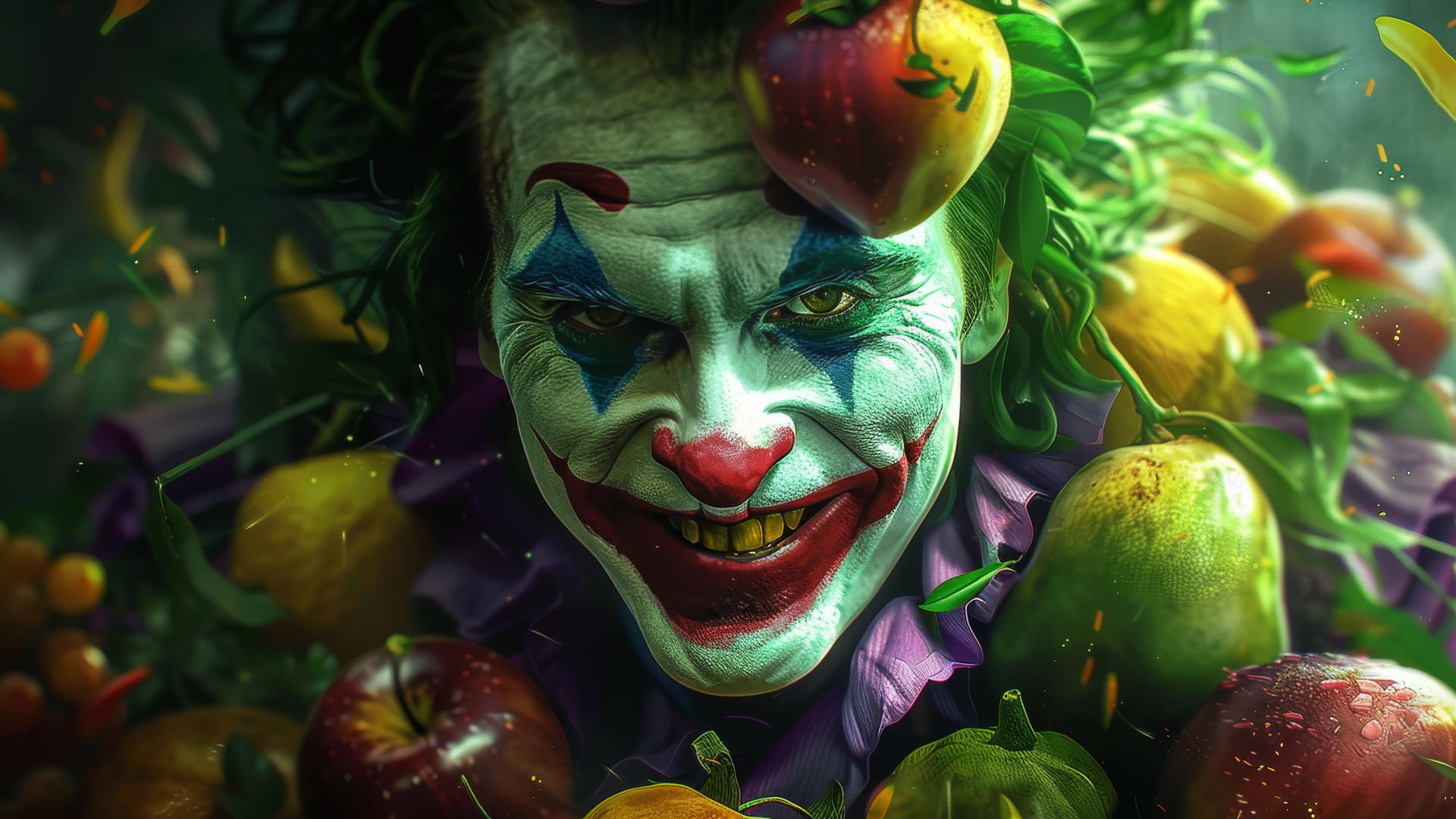 Joker character with fruit-inspired makeup