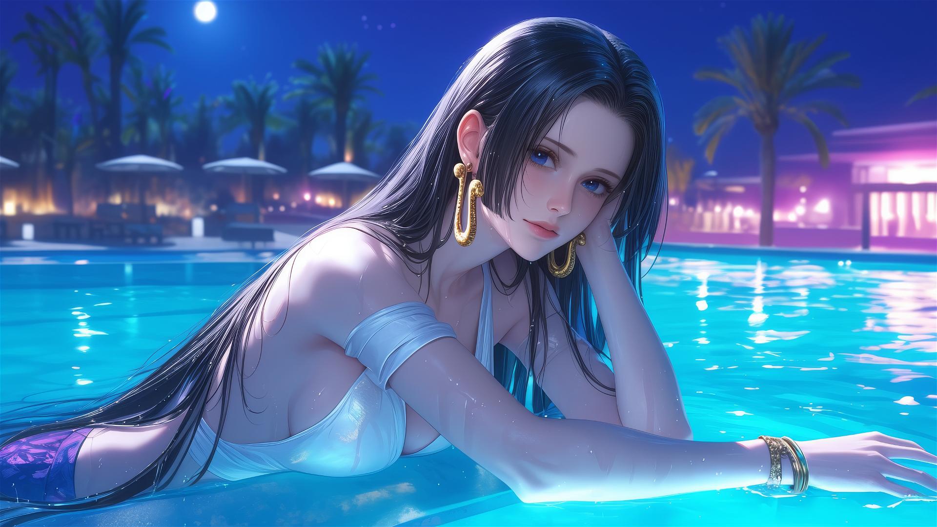 Boa Hancock resting by pool under moonlight