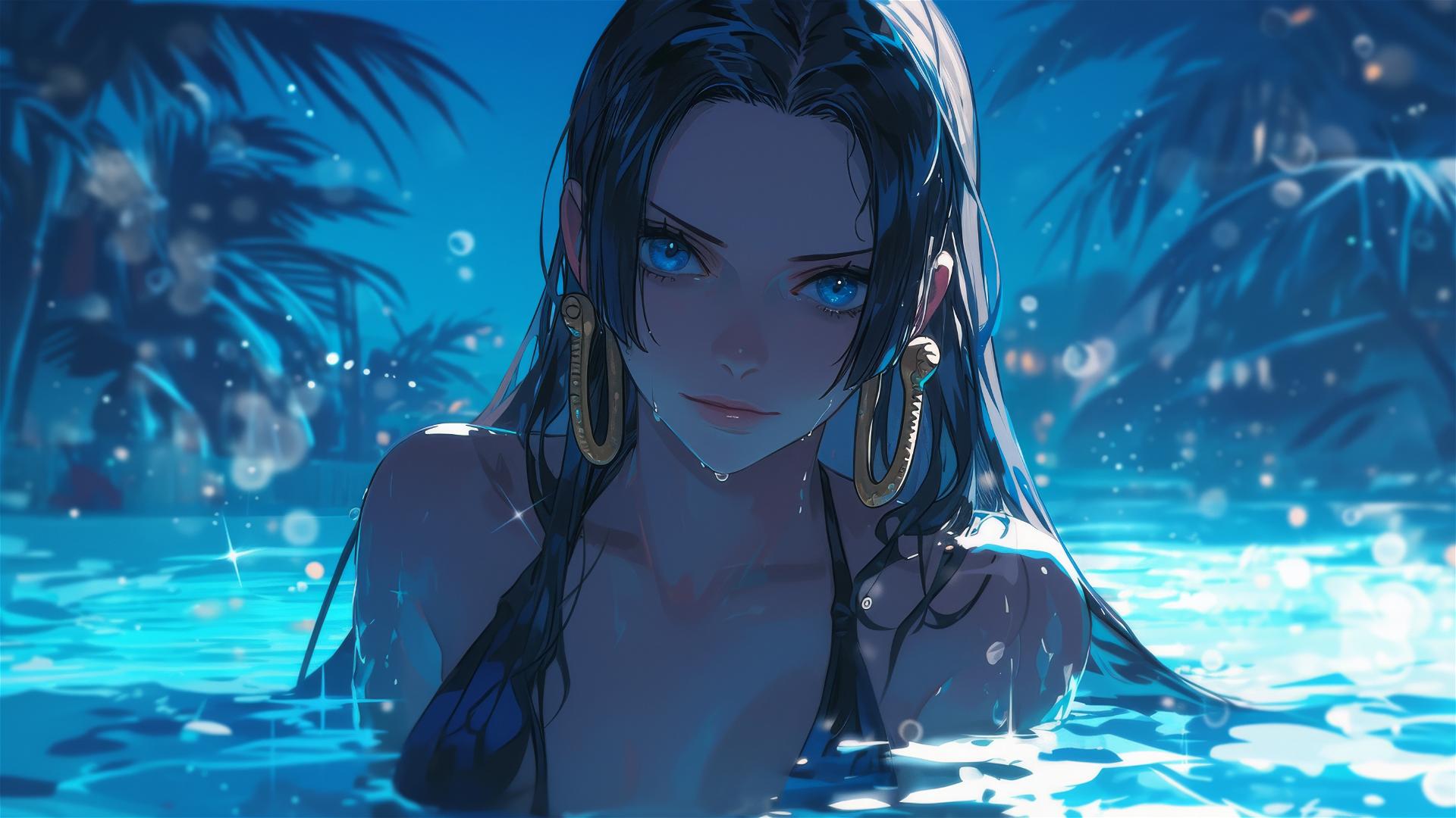 Boa Hancock from One Piece standing in a pool under the moonlight