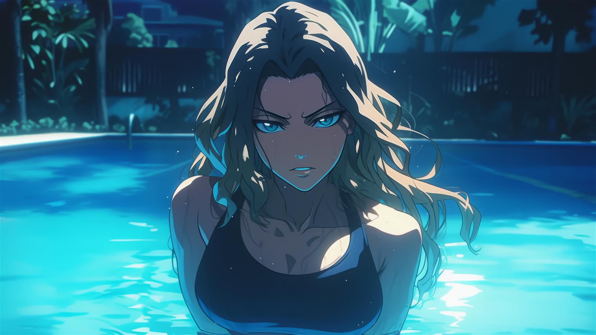 Rangiku Matsumoto from Bleach standing in a pool under moonlight