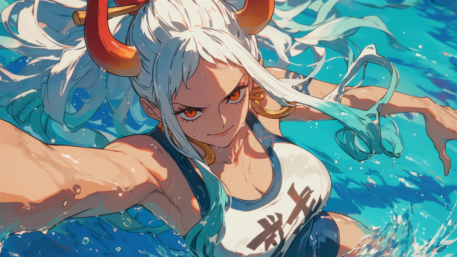 Yamato from One Piece swims in moonlit pool, orange eyes glinting