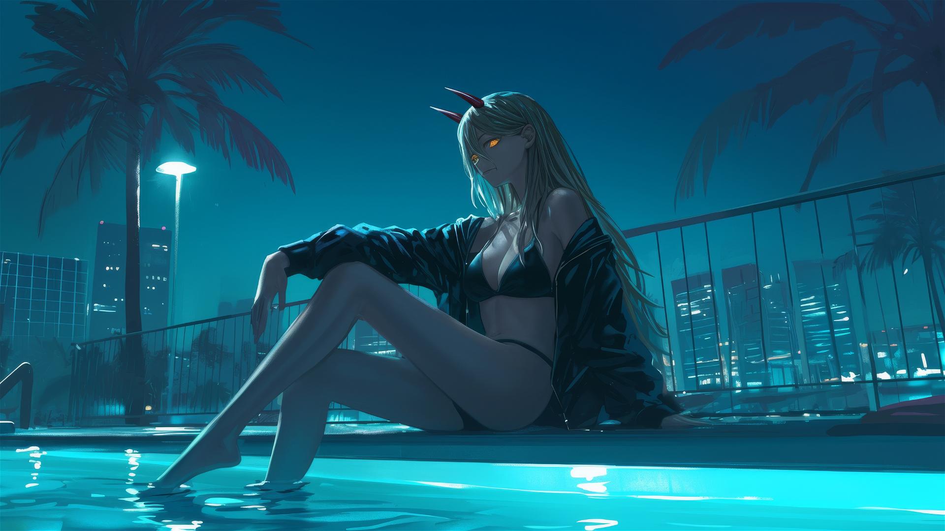 Power from Chainsaw Man resting by a pool under moonlight, yellow eyes glowing