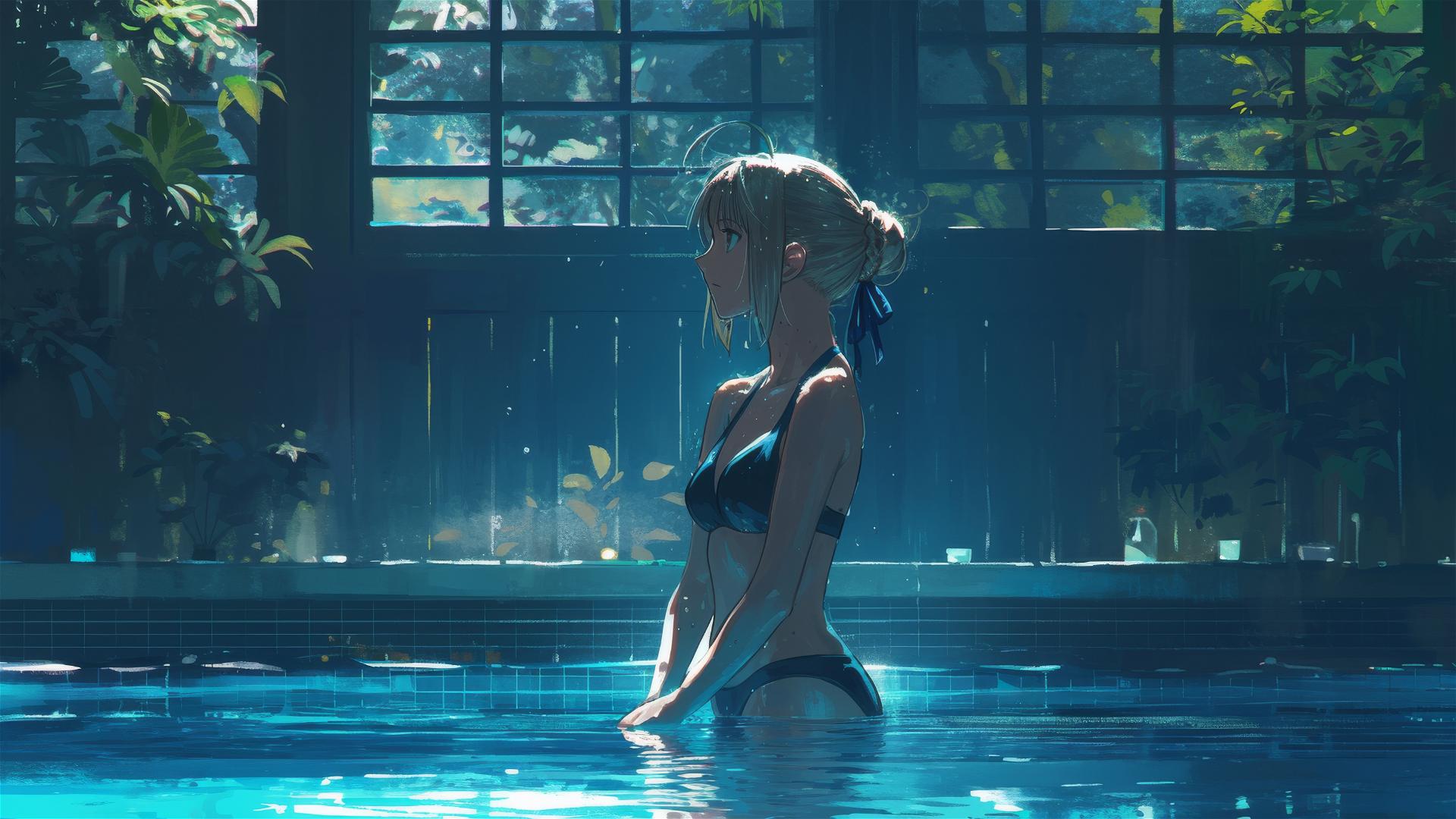 Saber from Fate/Zero standing in a pool under moonlight