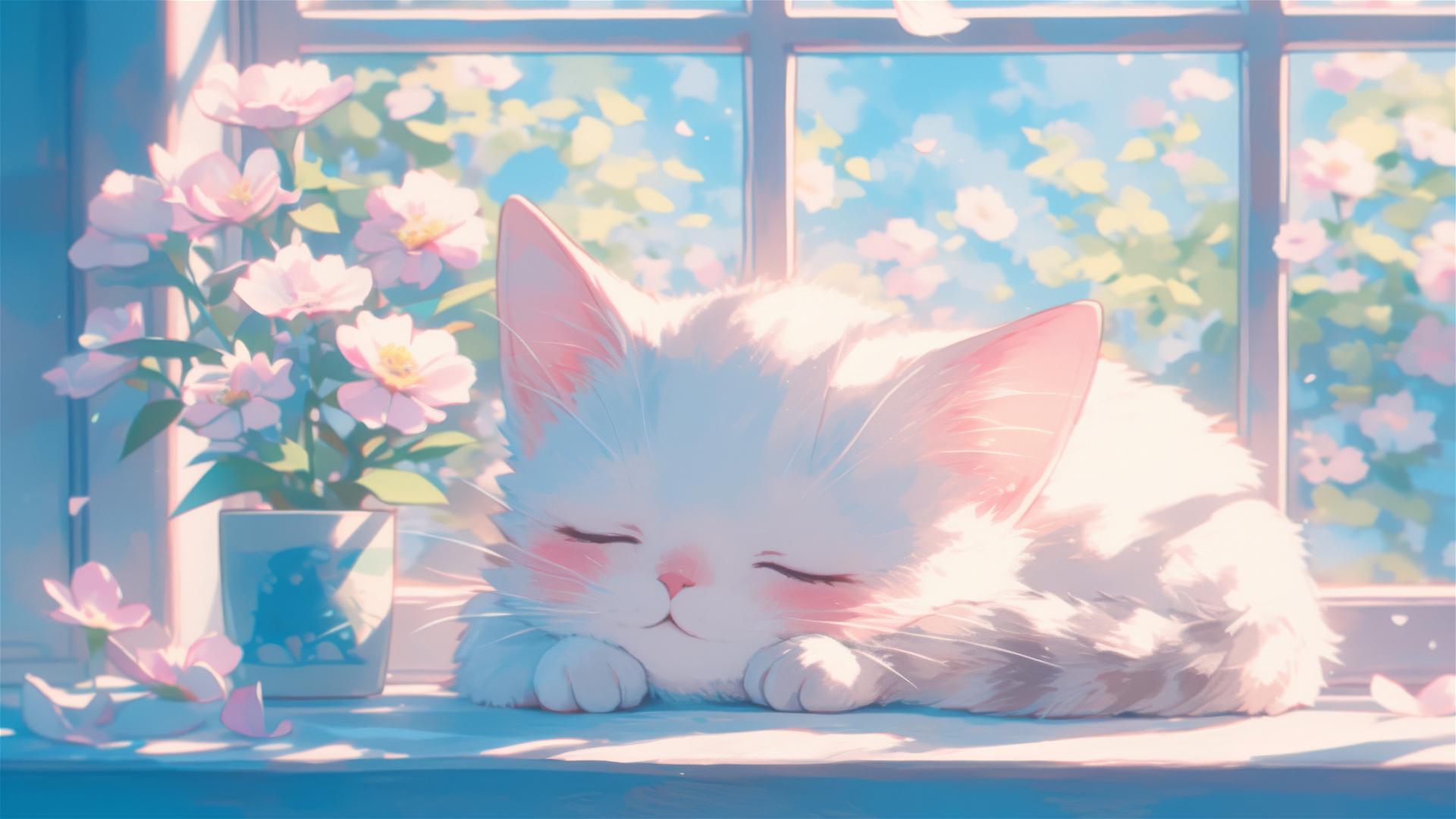 Sleeping British Shorthair in a colorful panoramic flower scene