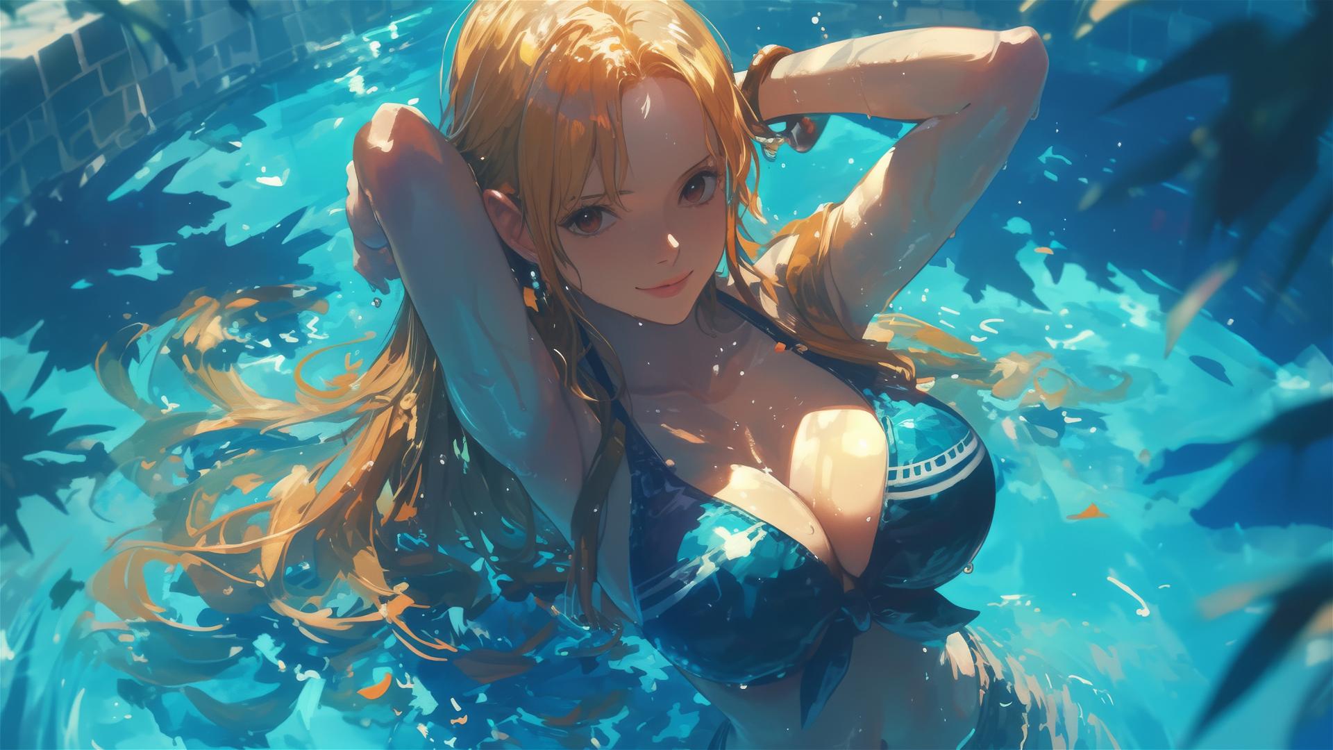 Nami from One Piece in a bunny girl outfit by moonlit pool