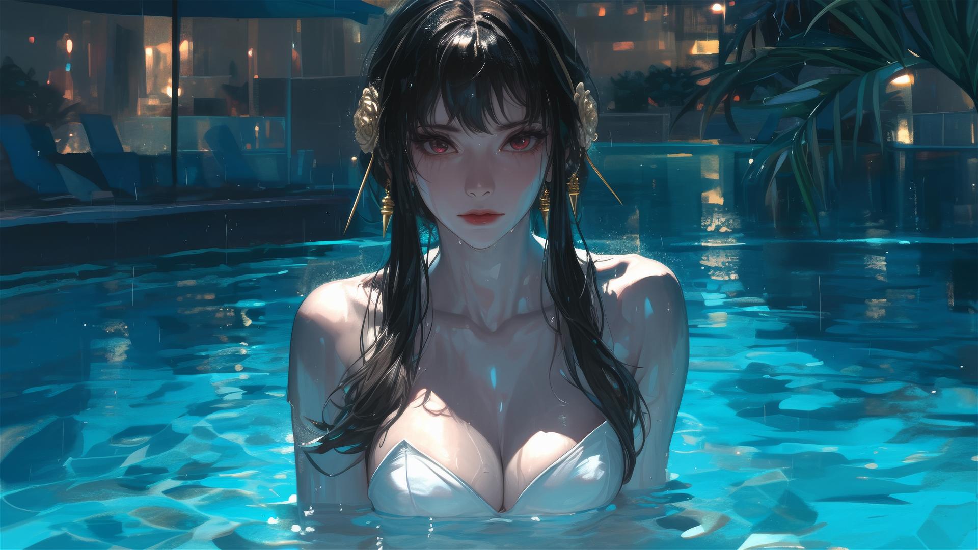 Yor Forger in a white bunny girl outfit stands in a pool under moonlight on a rainy day