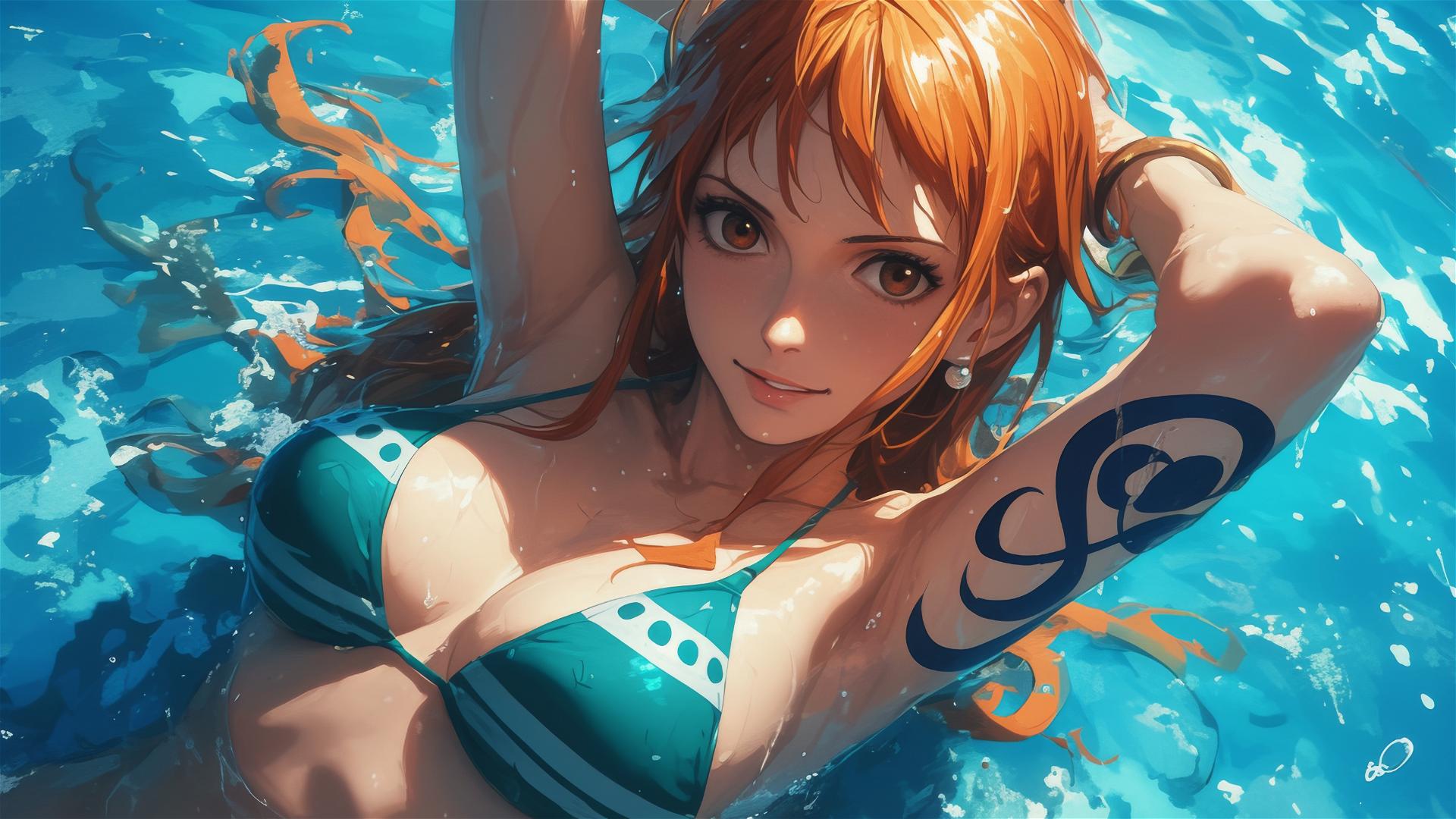 Nami from One Piece standing in a pool under the moonlight