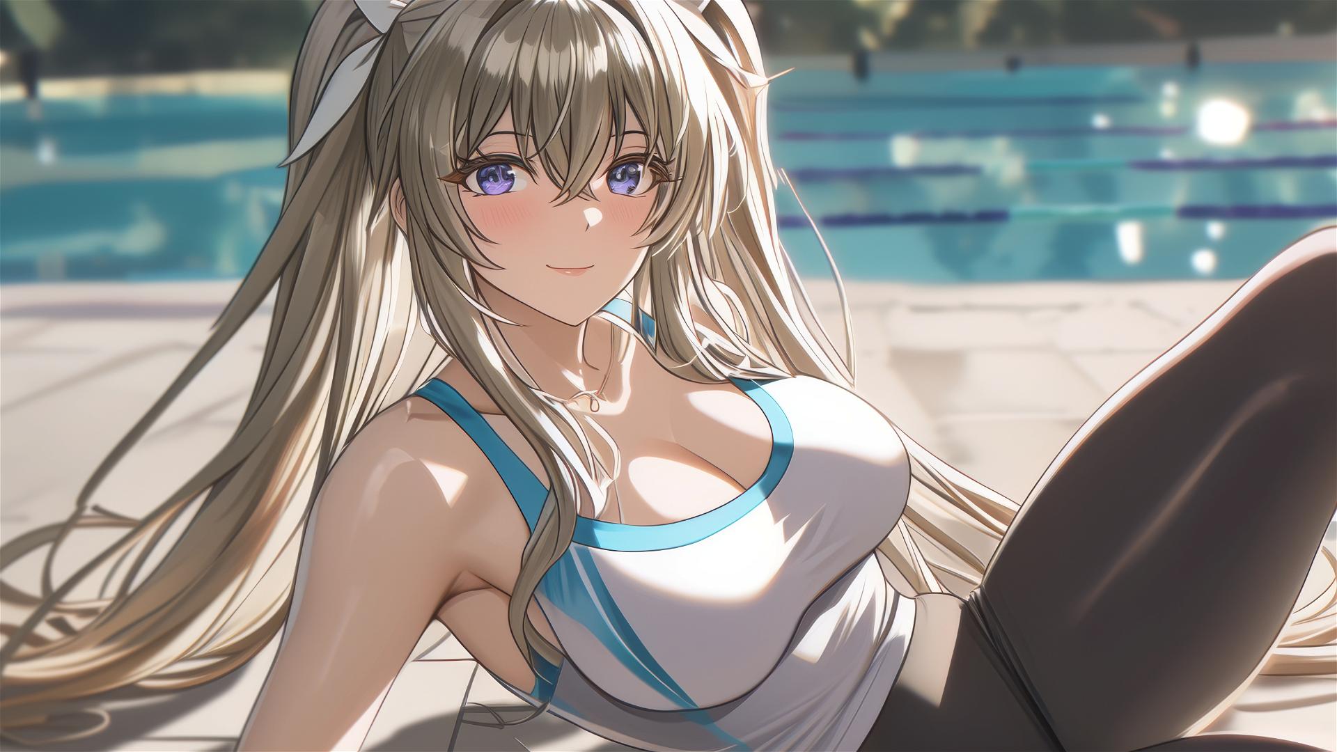 Irina Shidou resting by pool in moonlight with violet eyes and twintails