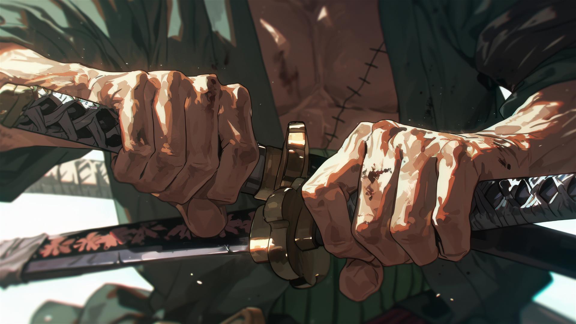 Close-up of Roronoa Zoro's hands gripping three sword handles