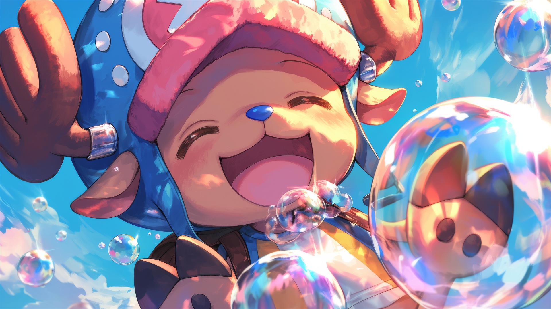 Tony Tony Chopper from One Piece blowing iridescent bubbles