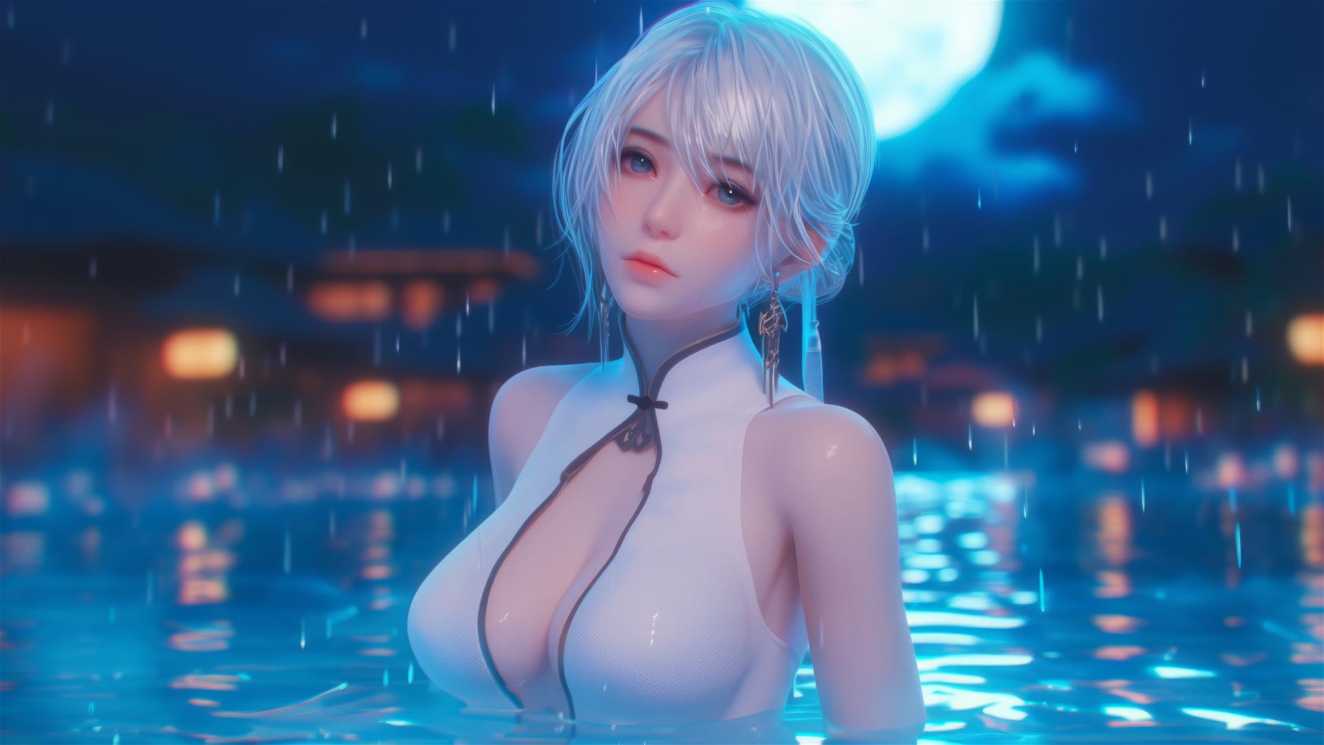 2B from Nier standing in a pool under moonlight in the rain