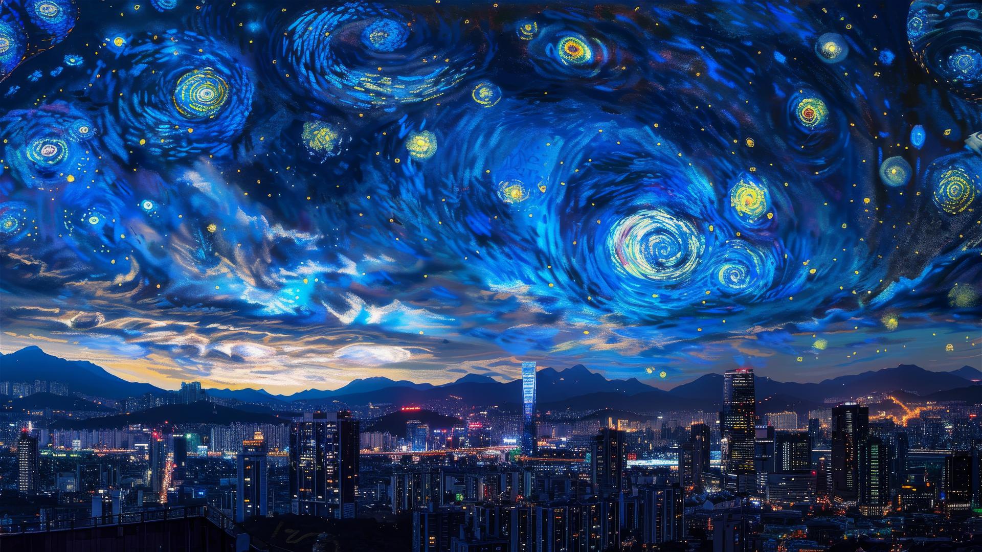 Seoul cityscape at night with van Gogh's Starry Night skies