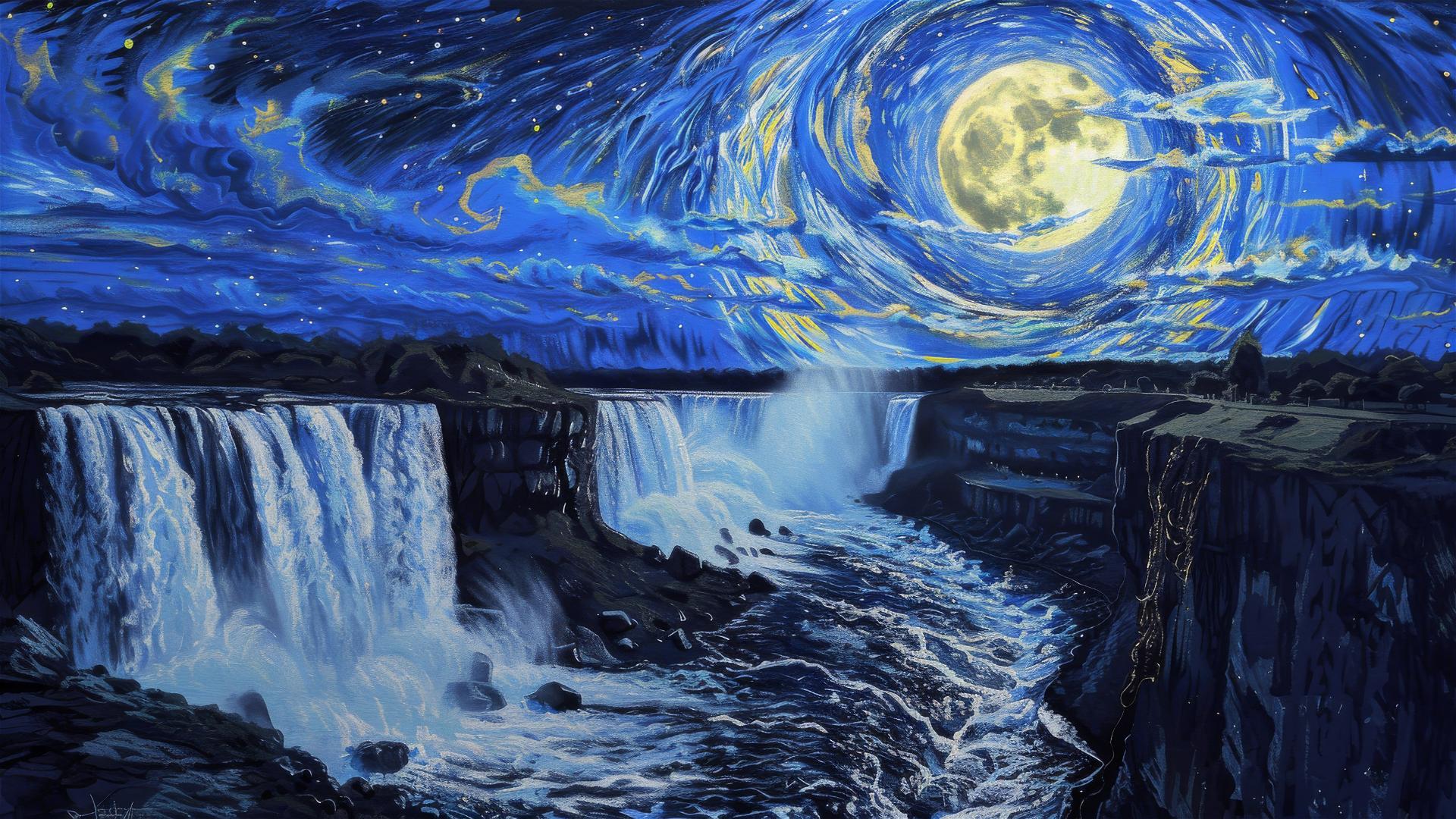 Victoria Falls by moonlight with van Gogh-style sky