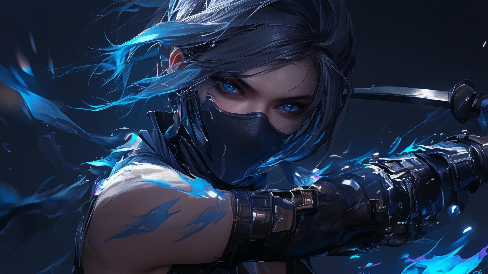 Ninja girl with short hair in a dynamic pose highlighting her thigh, dark mask, and spotlight effect