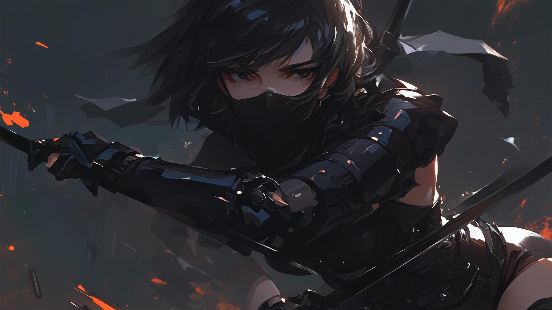 Ninja girl with short hair and mask in dynamic pose with thigh focus