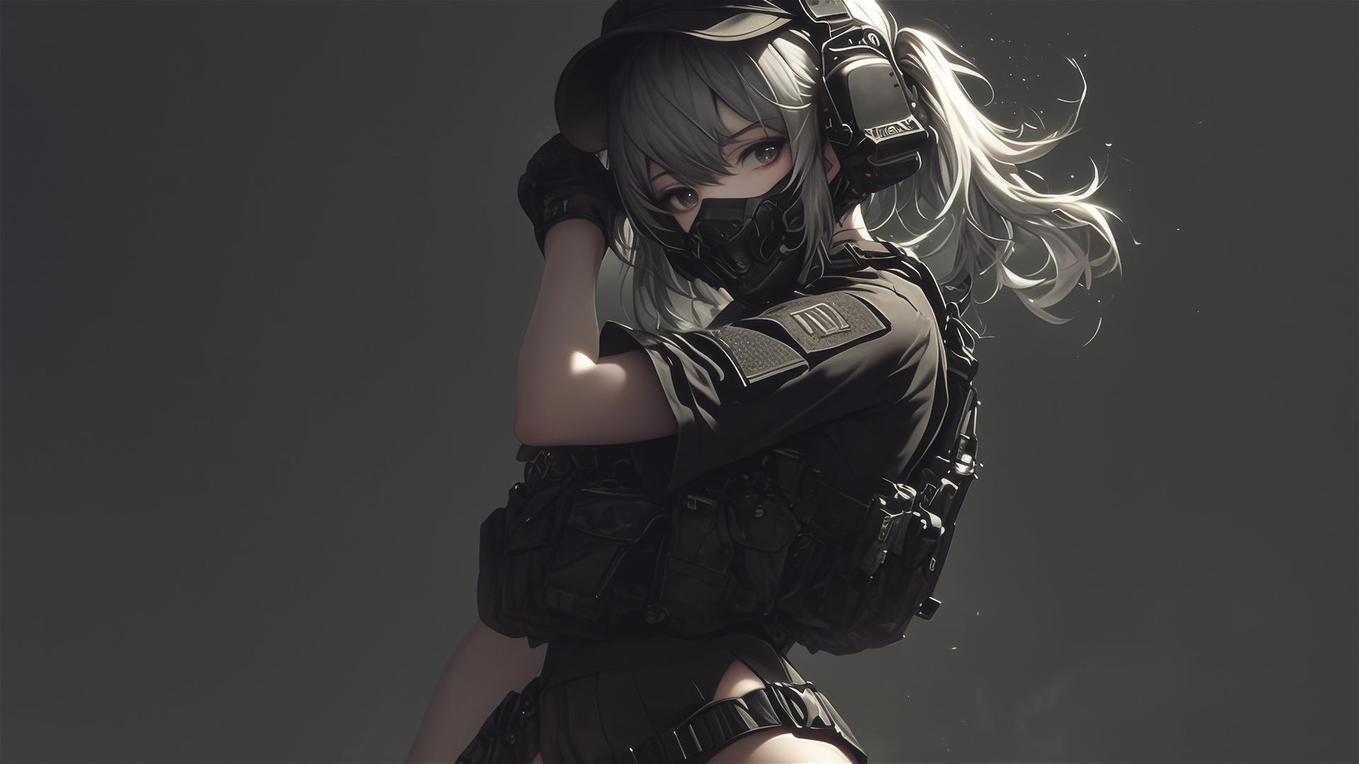 Tactical schoolgirl with dark mask and thigh focus in spotlight