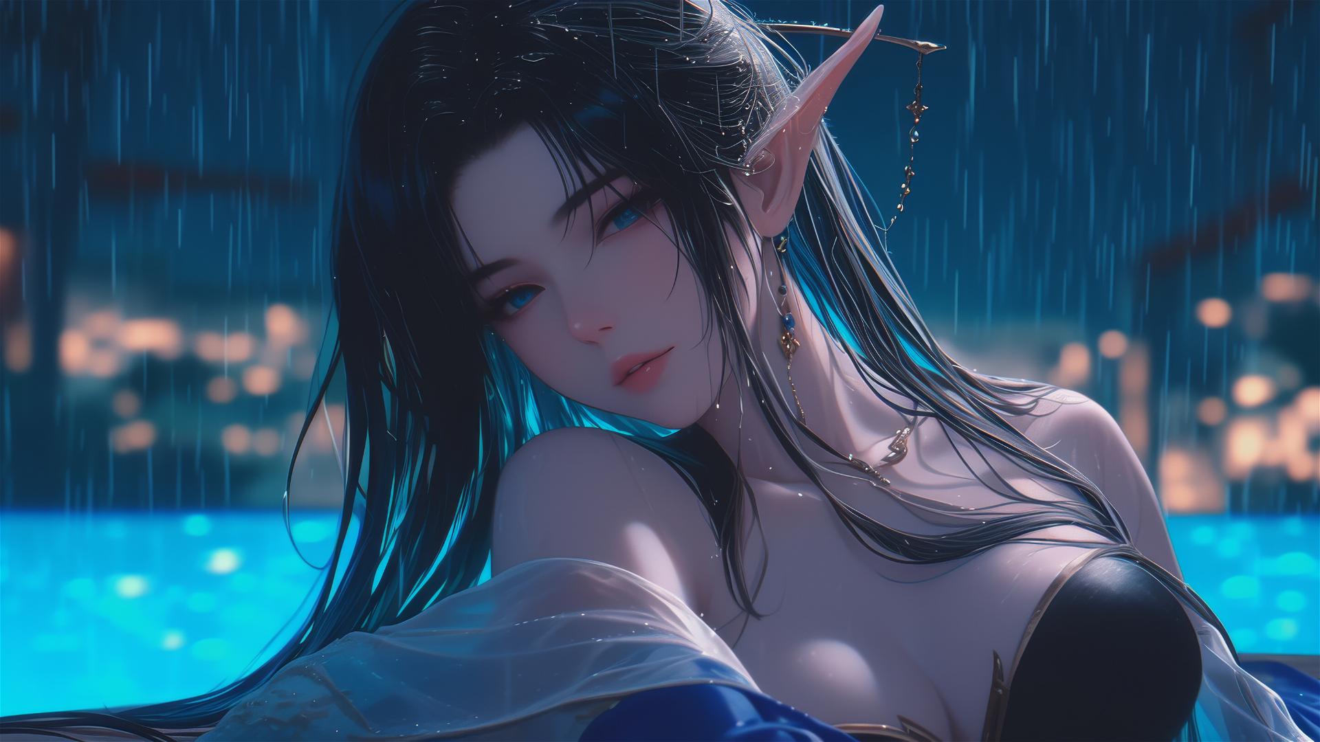 Fantasy Elf girl resting by pool in moonlight with rain