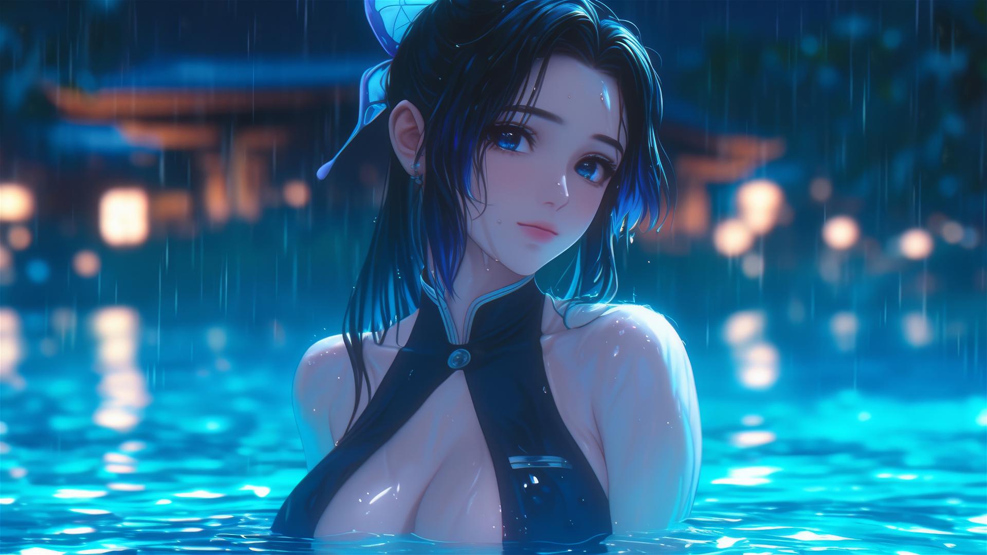 Shinobu Kocho stands in a moonlit pool in the rain
