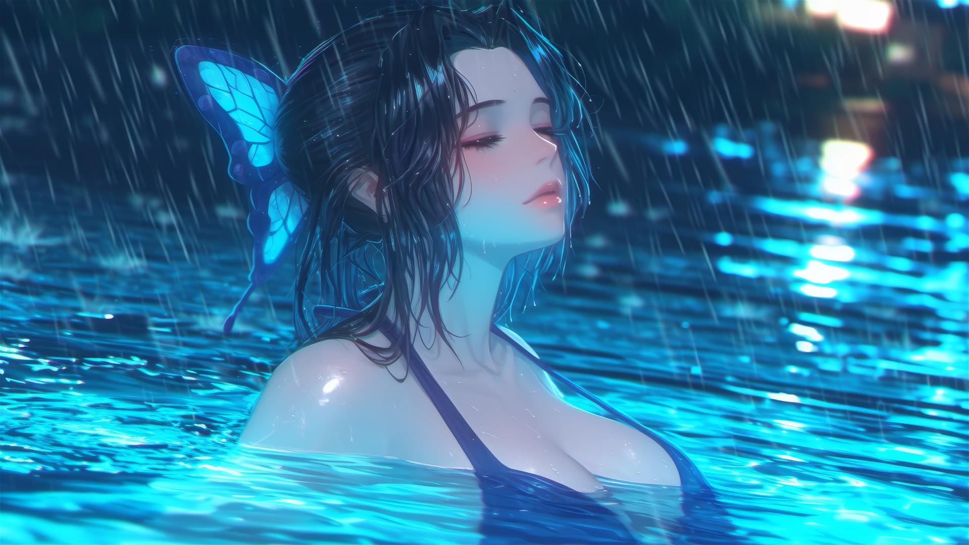 Shinobu Kocho from Demon Slayer standing in a swimming pool under the moonlight with rain