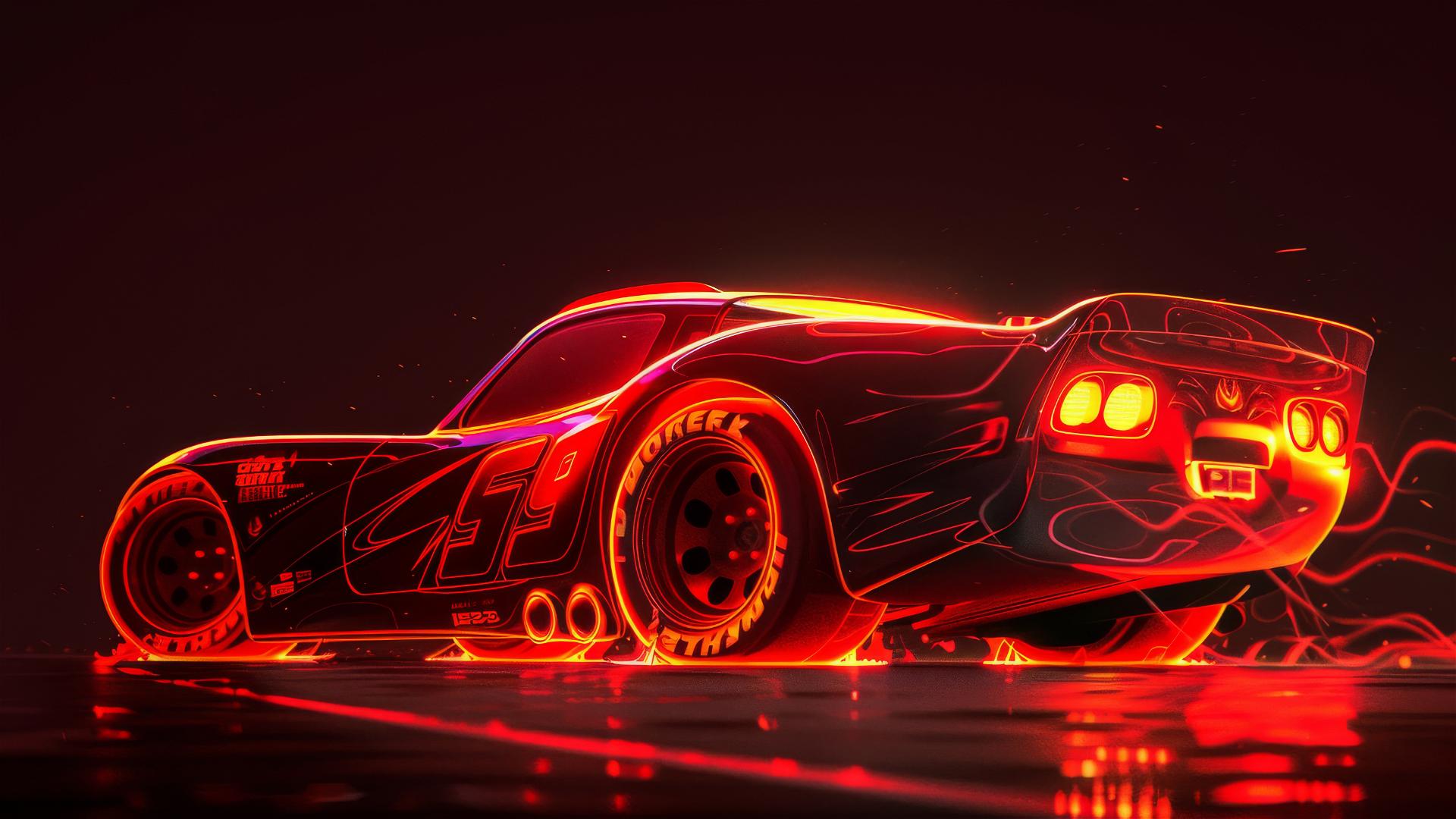 Lightning McQueen as interpreted in a Harry Potter theme, spotlighted on a dark background