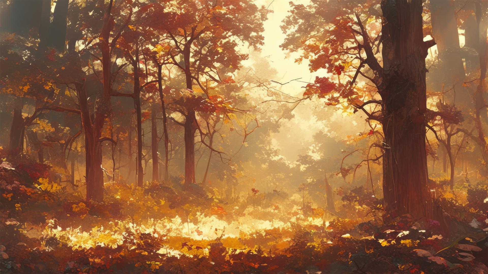 Serene forest in autumn with thick fog and colorful leaves