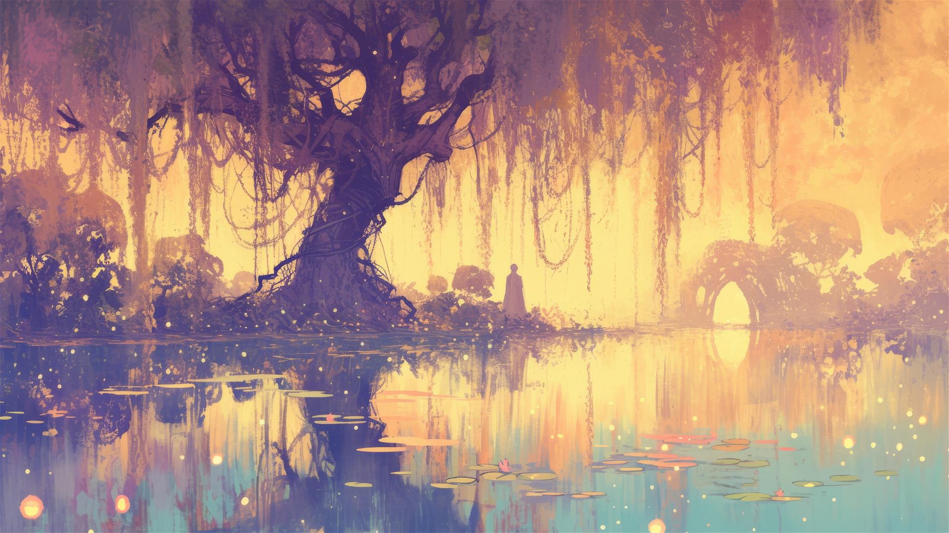 Glowing ripples from willow branches touching a silent pond