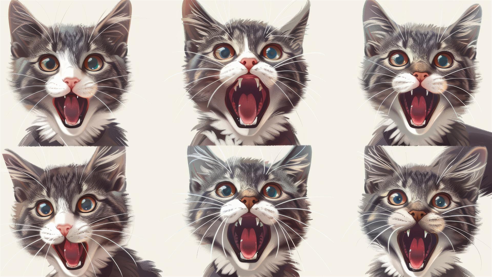 Close-up of a cute, gray cat making various expressions with a clean, white background, nine-square grid arrangement