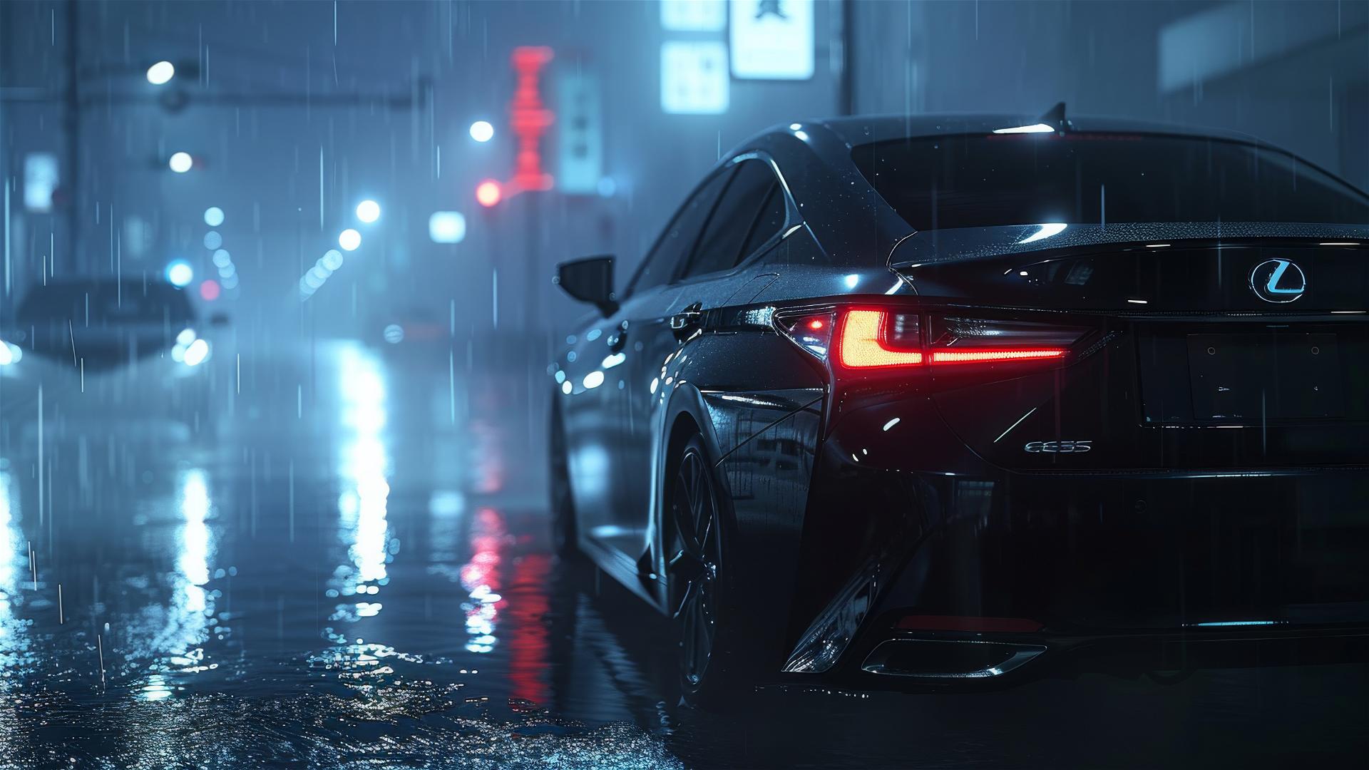 Gloomy gothic view of a Lexus ES in dim lighting with closeup details, surrounded by fog in 8k smooth rendering