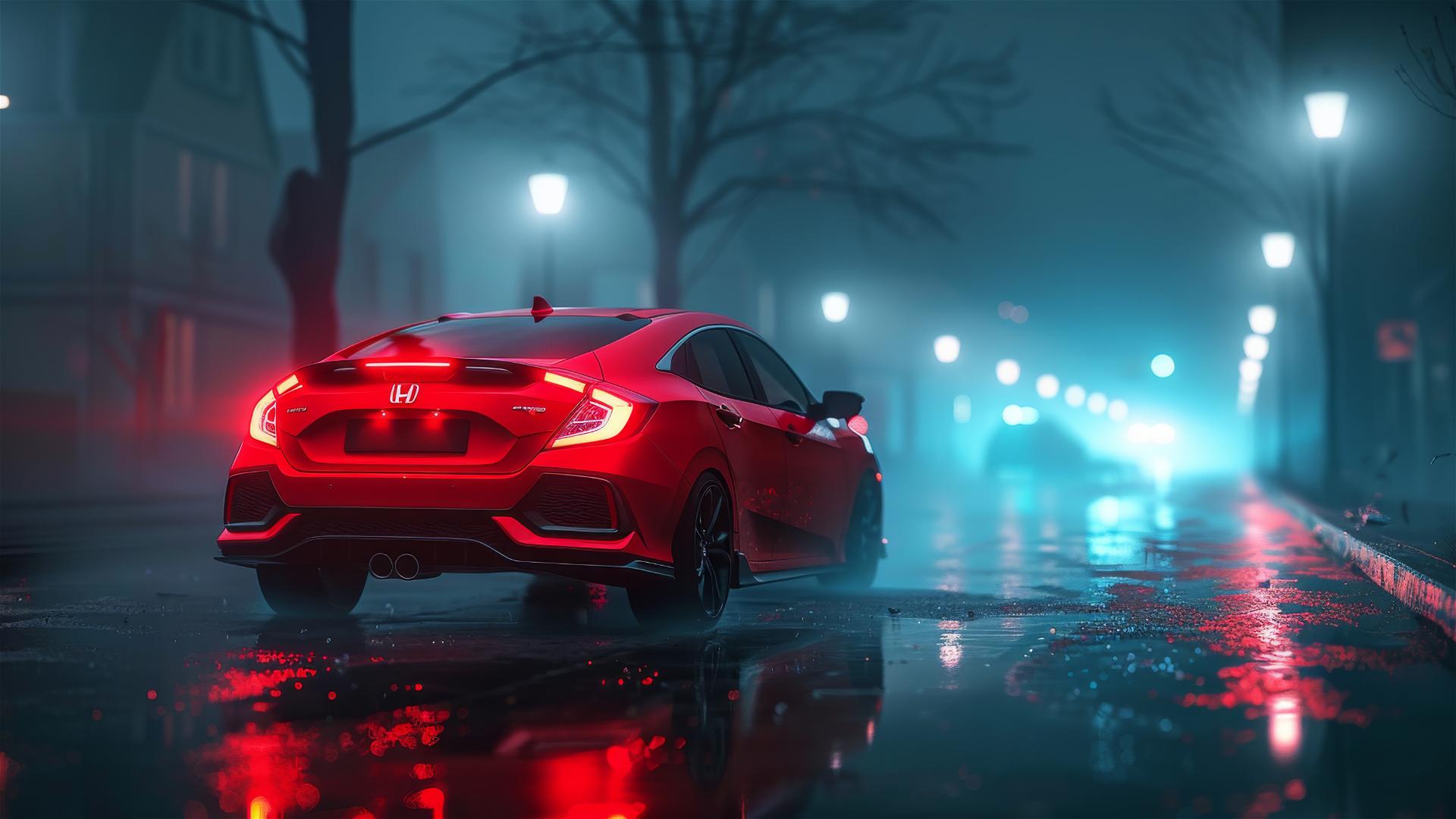 Closeup view of a Honda Civic in dim, gothic, gloomy lighting on a foggy evening in a photorealistic style.