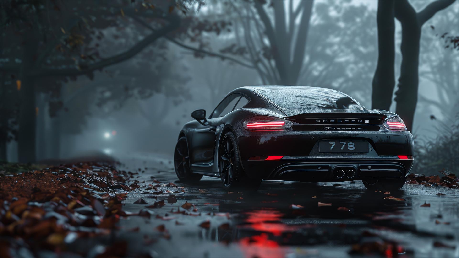 Closeup view of Porsche 718 in dim, gothic gloomy lighting with photorealistic detail in foggy condition