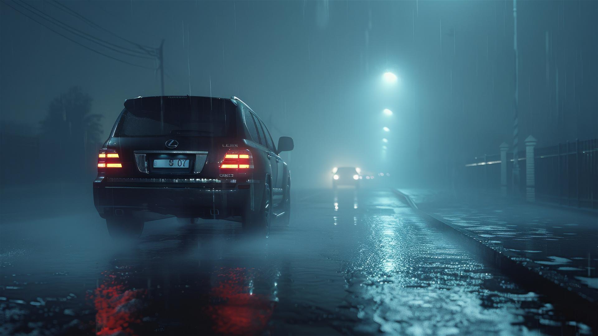 Close-up of a Lexus LX in dim, gothic gloomy lighting with fog