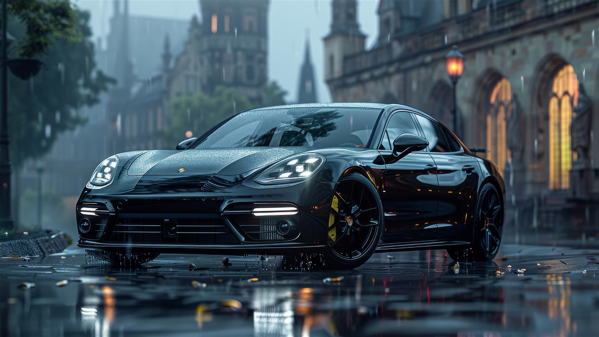 Gothic gloomy closeup of Porsche Panamera in dim, foggy setting
