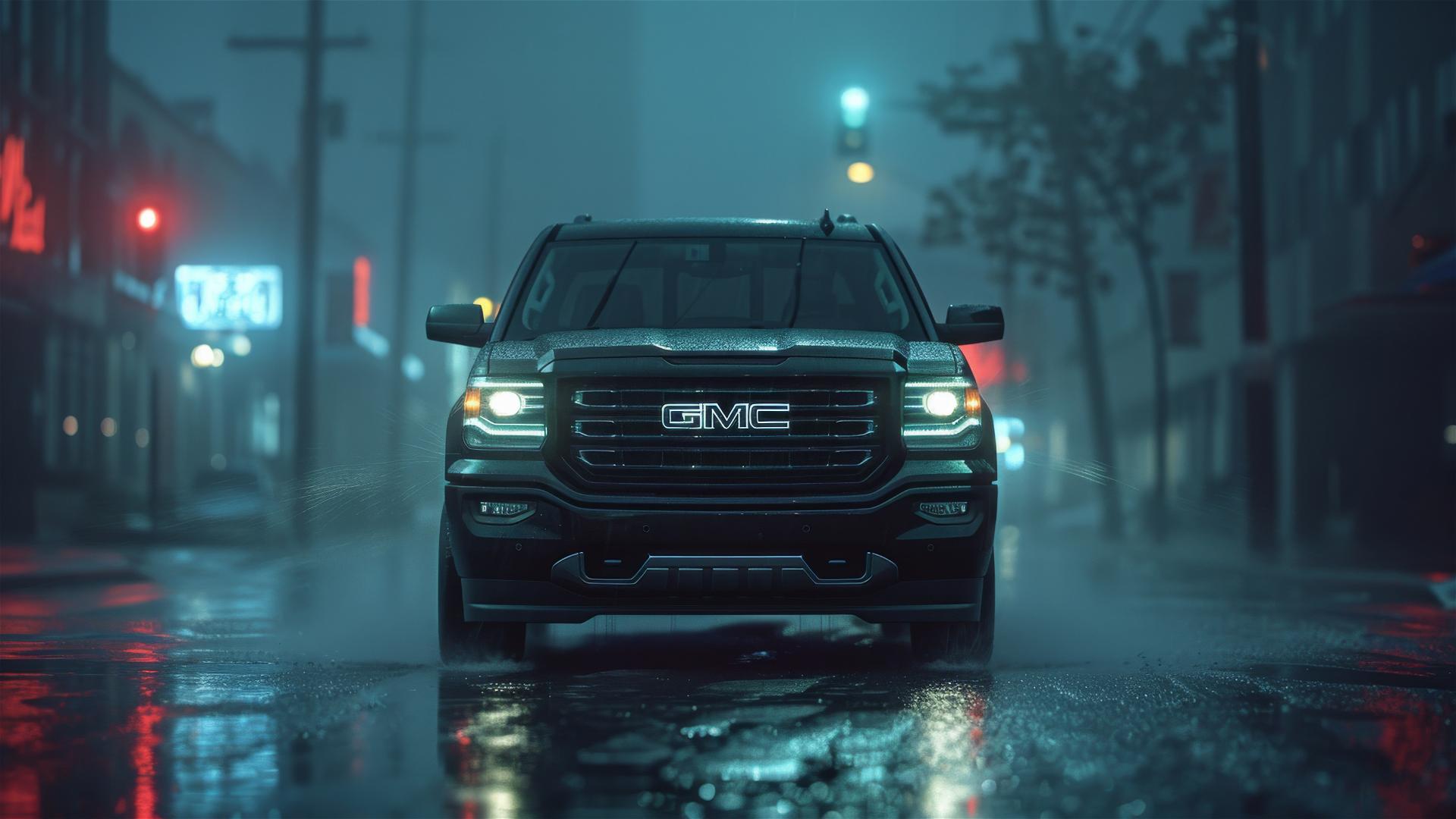 Photorealistic closeup of a GMC Yukon in dim, gothic gloomy and foggy setting