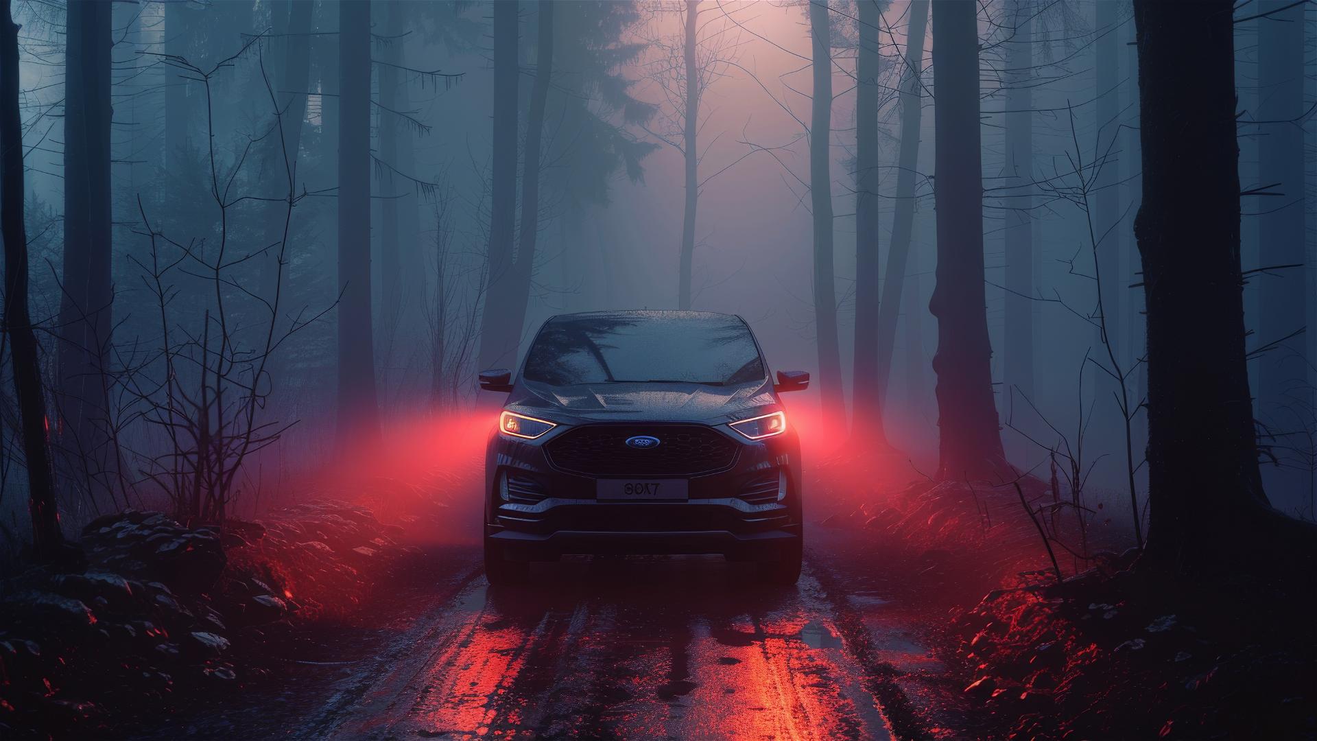 Closeup view of a Ford Edge in dim, gloomy gothic lighting with foggy, photorealistic details