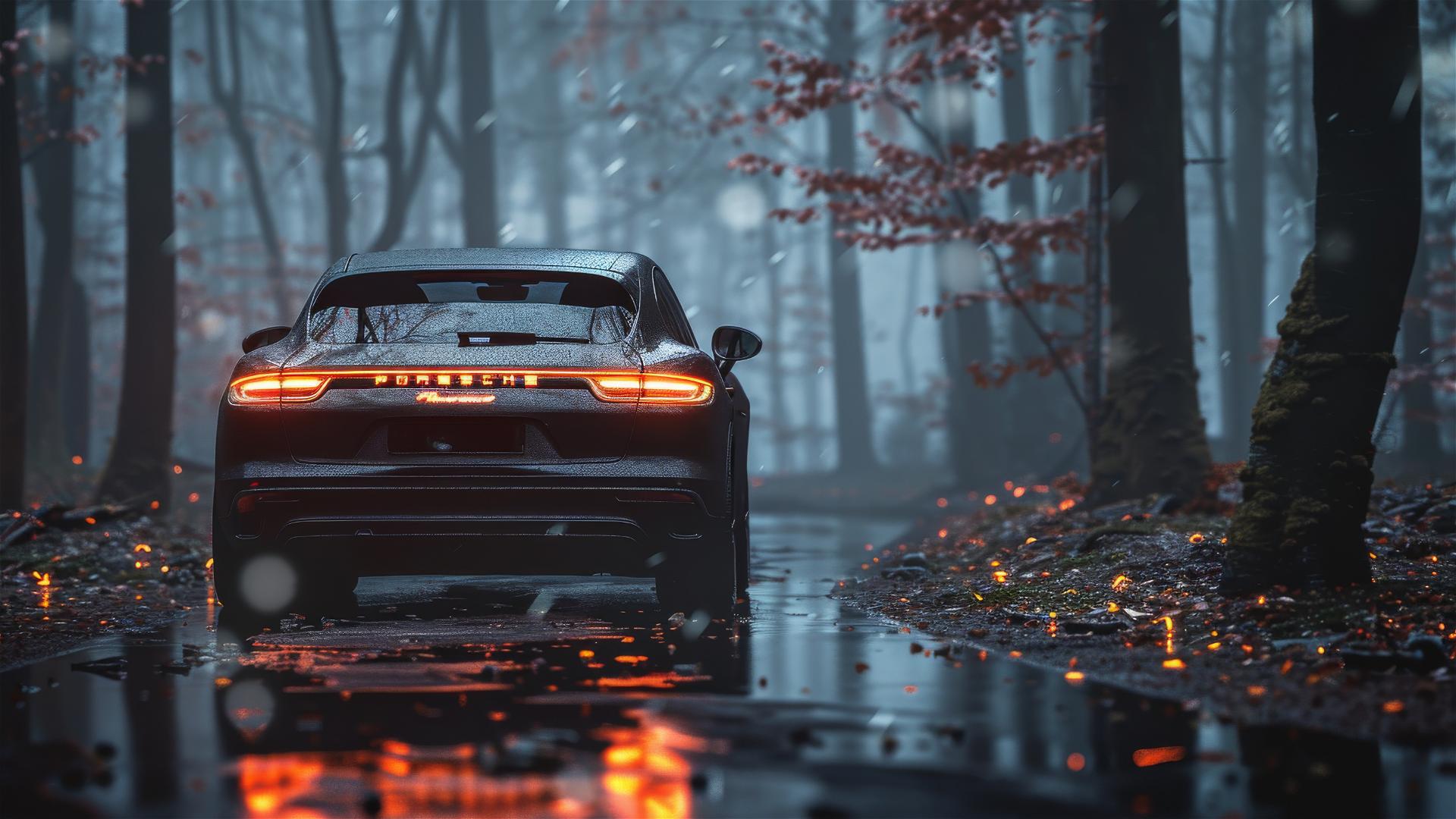 Gothic gloomy Porsche Macan in dim foggy lighting, photorealistic closeup